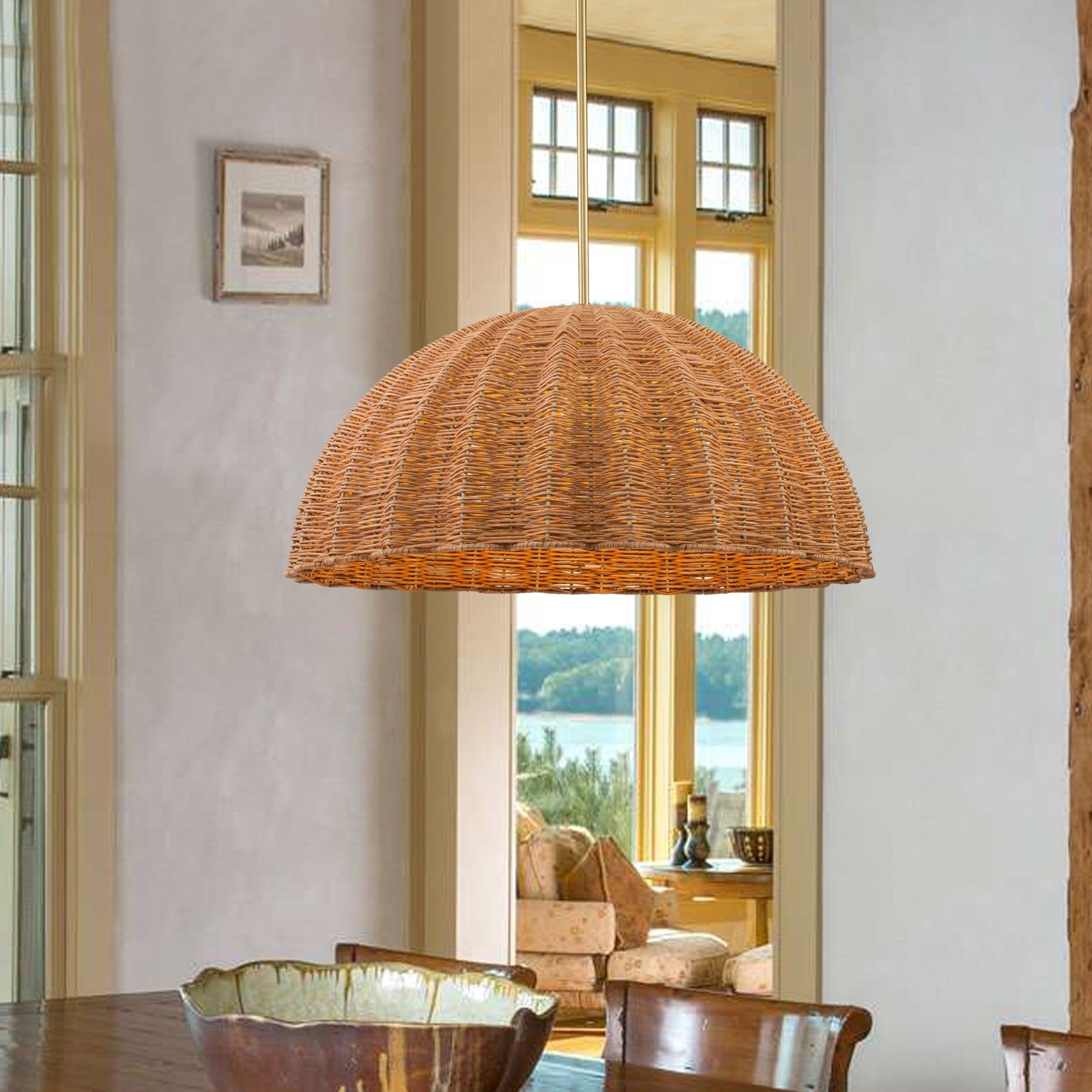 Farmhouse 1 Light Dome Pendant Light With Rattan Shades