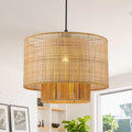 Farmhouse 1 Light Drum Pendant Light With Rattan Shades Black