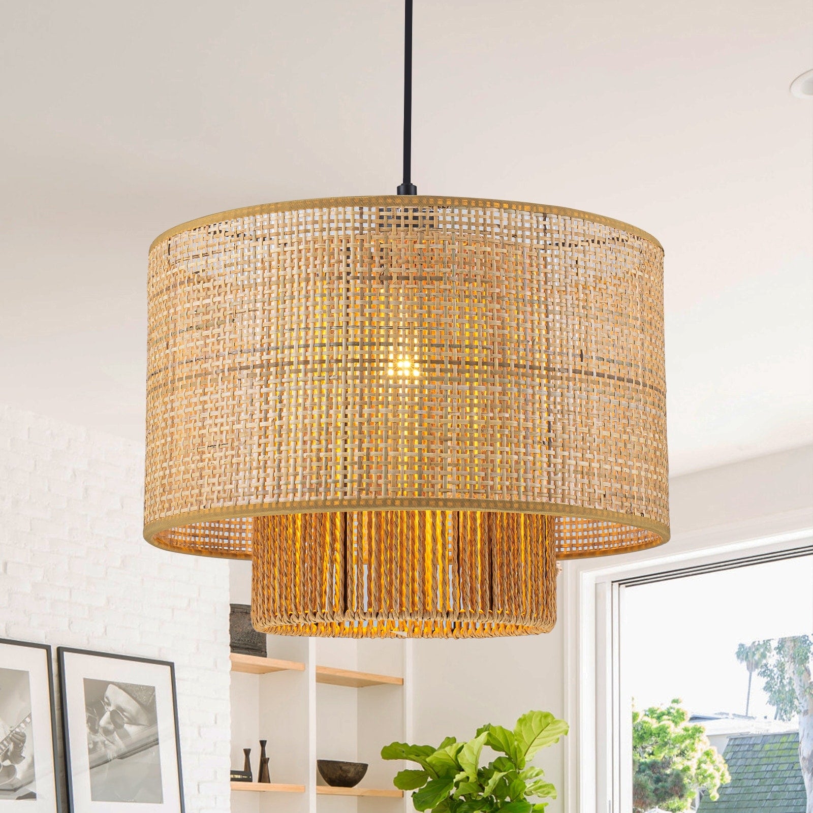 Farmhouse 1 Light Drum Pendant Light With Rattan Shades Black