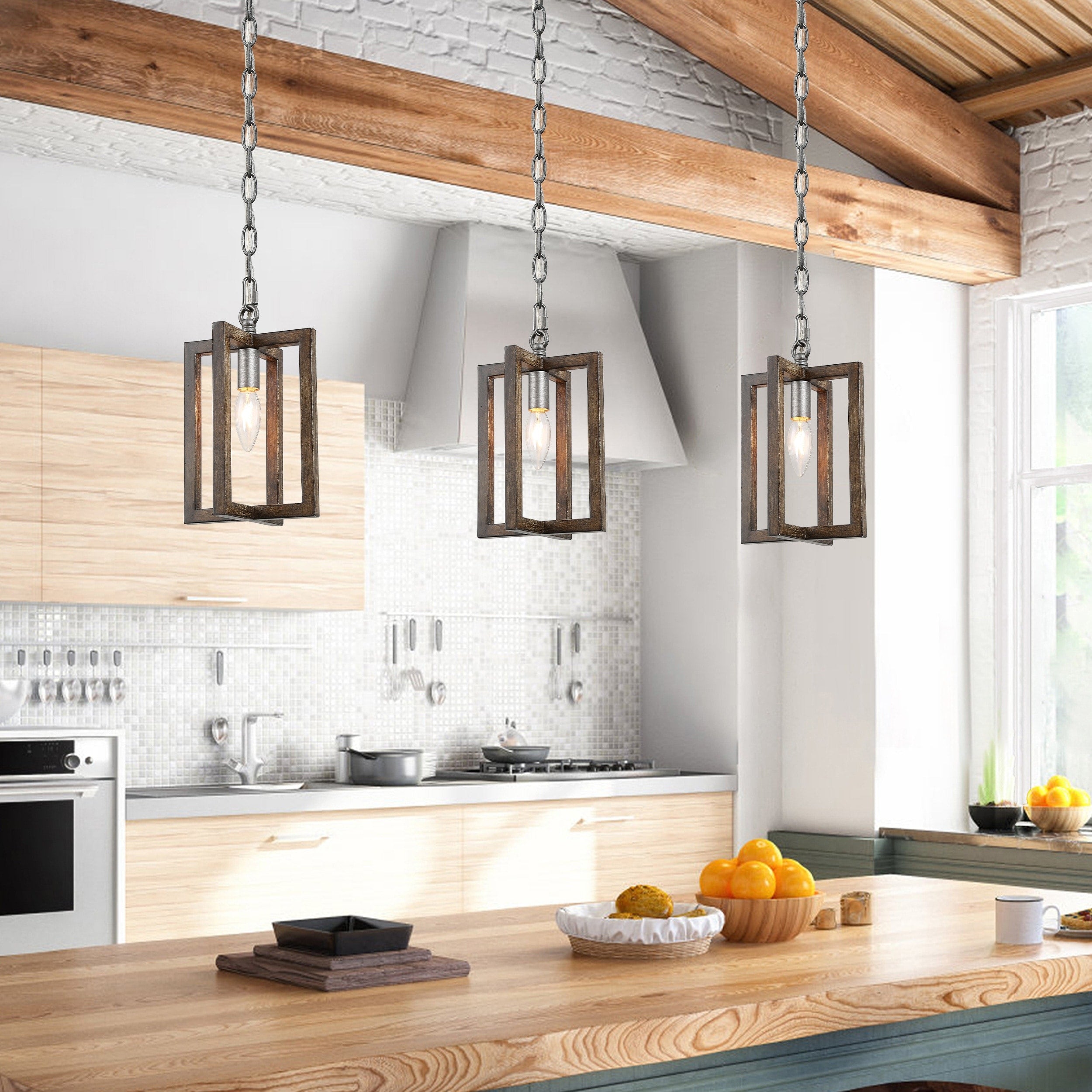 Rustic Pendant Lighting With Faux Wooden Hanging Ceilling Light For Kitchen Dining Room W6.5 Xh10.2