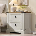 Farmhouse 2 Drawers Nightstand With Charging Station Large End Table