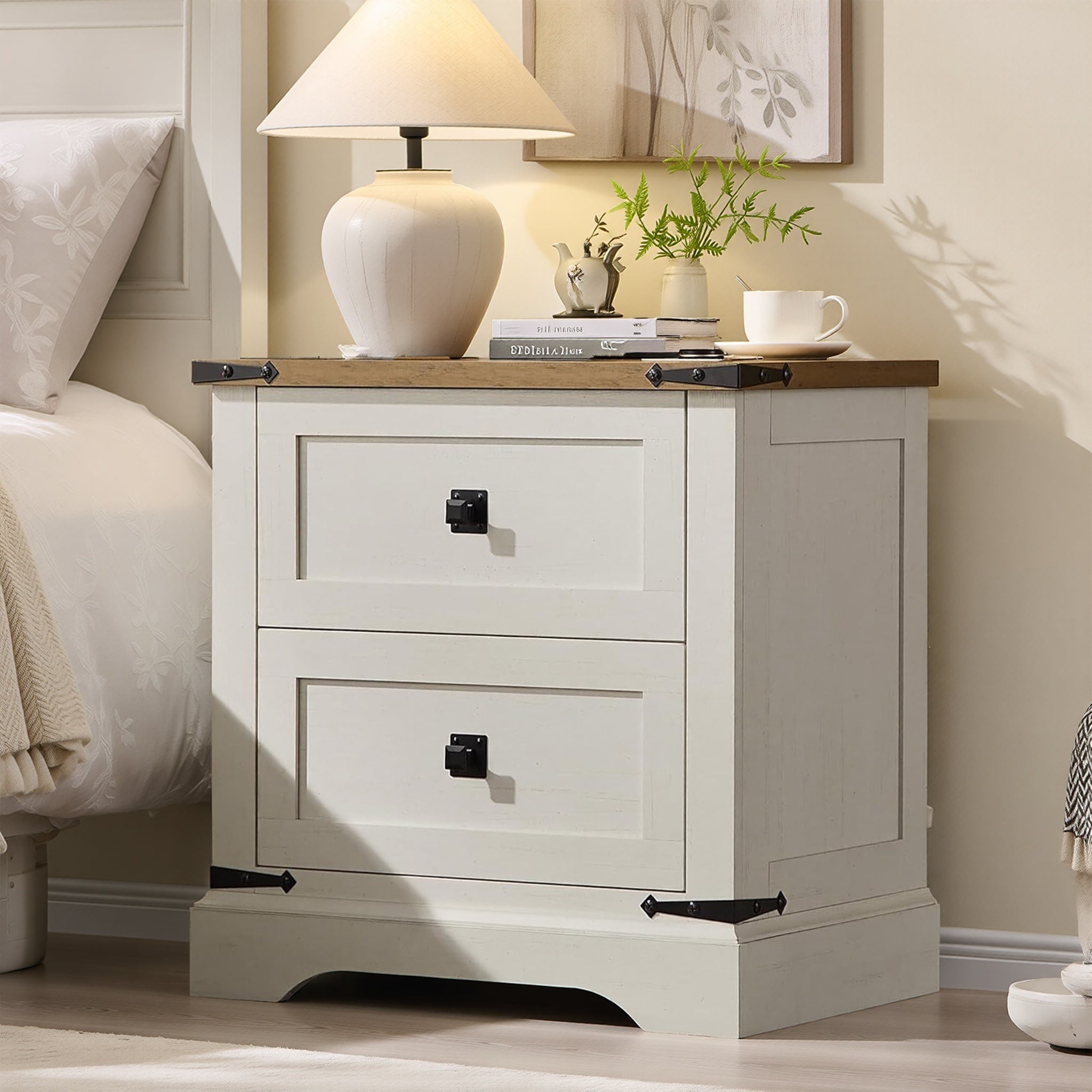 Farmhouse 2 Drawers Nightstand With Charging Station Large End Table