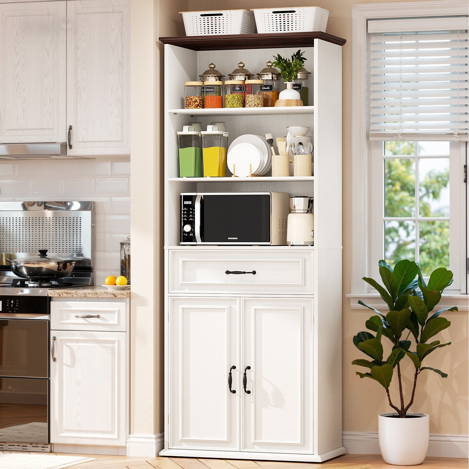 Farmhouse 25 Kitchen Pantry Cabinet With Drawer Doors Freestanding Cupboard With Storage Shelves For Kitchen Dining Room