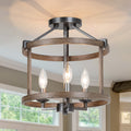 Lnc 3 Light Brown Faux Wood Drum Foyer Semi Flush Mount Ceiling Light