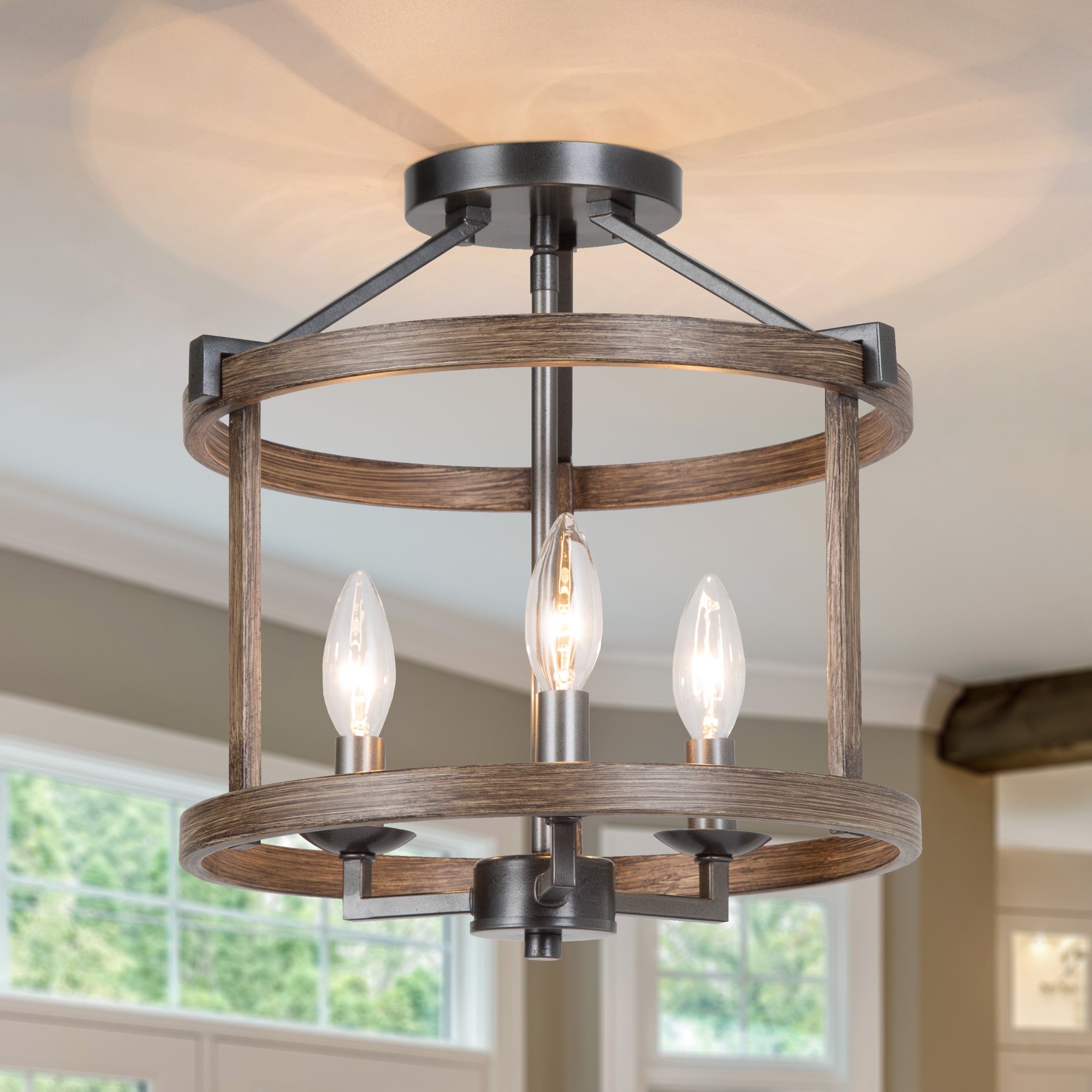 Lnc 3 Light Brown Faux Wood Drum Foyer Semi Flush Mount Ceiling Light