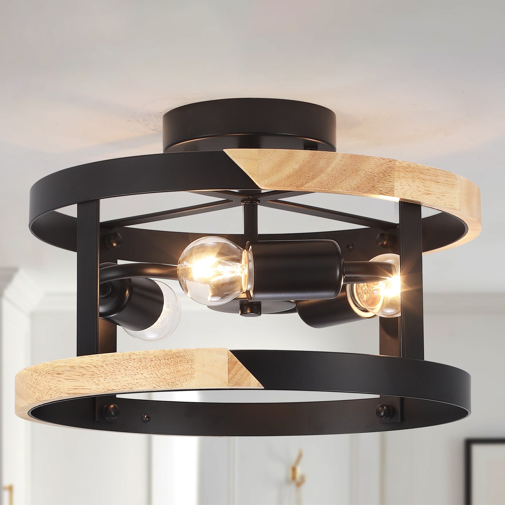 Farmhouse 3 Light Semi Flush Mount Rustic Wood Metal Ceiling Light For Hallway Foyer
