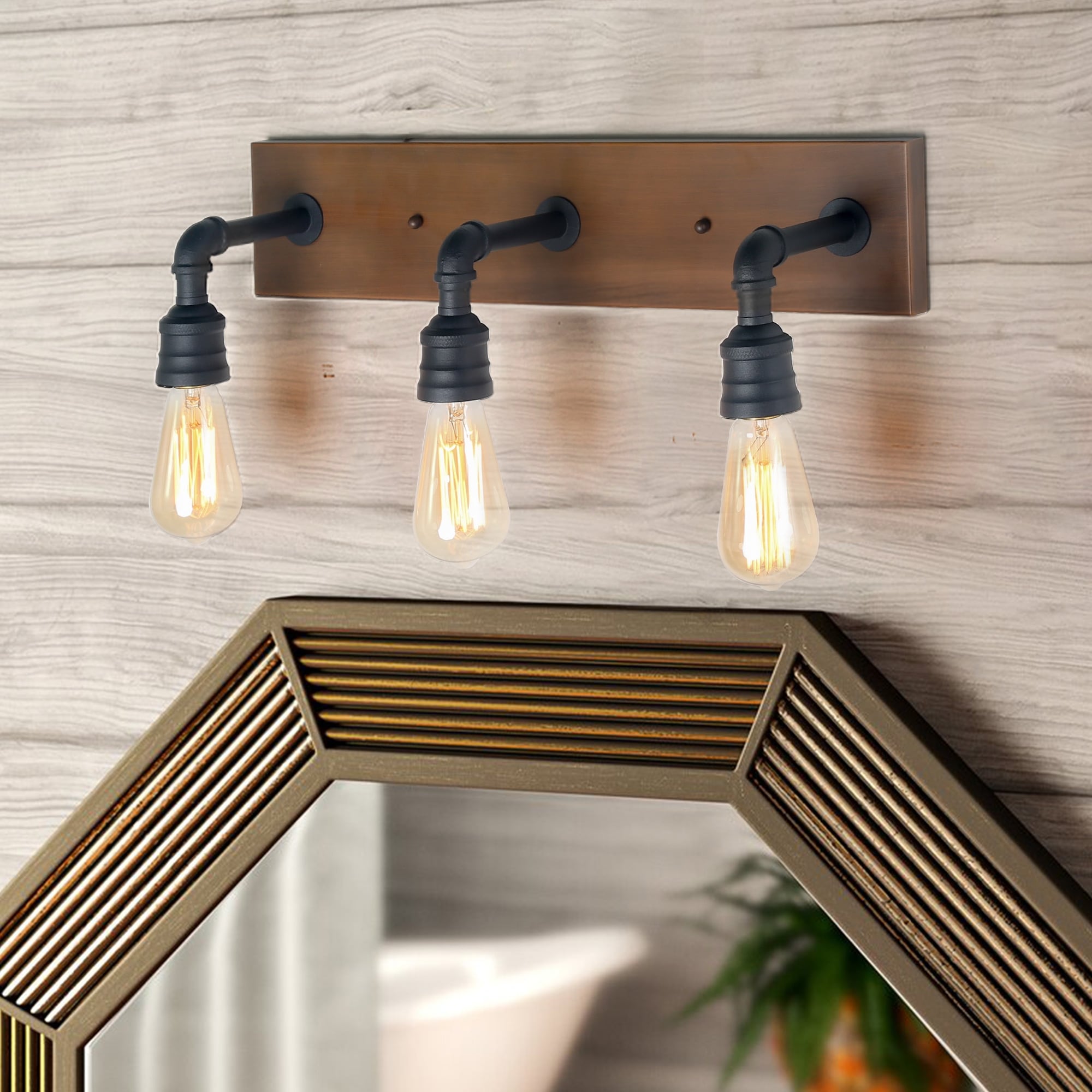 3 Light Black And Faux Wood Bathroom Vanity Wall Lights