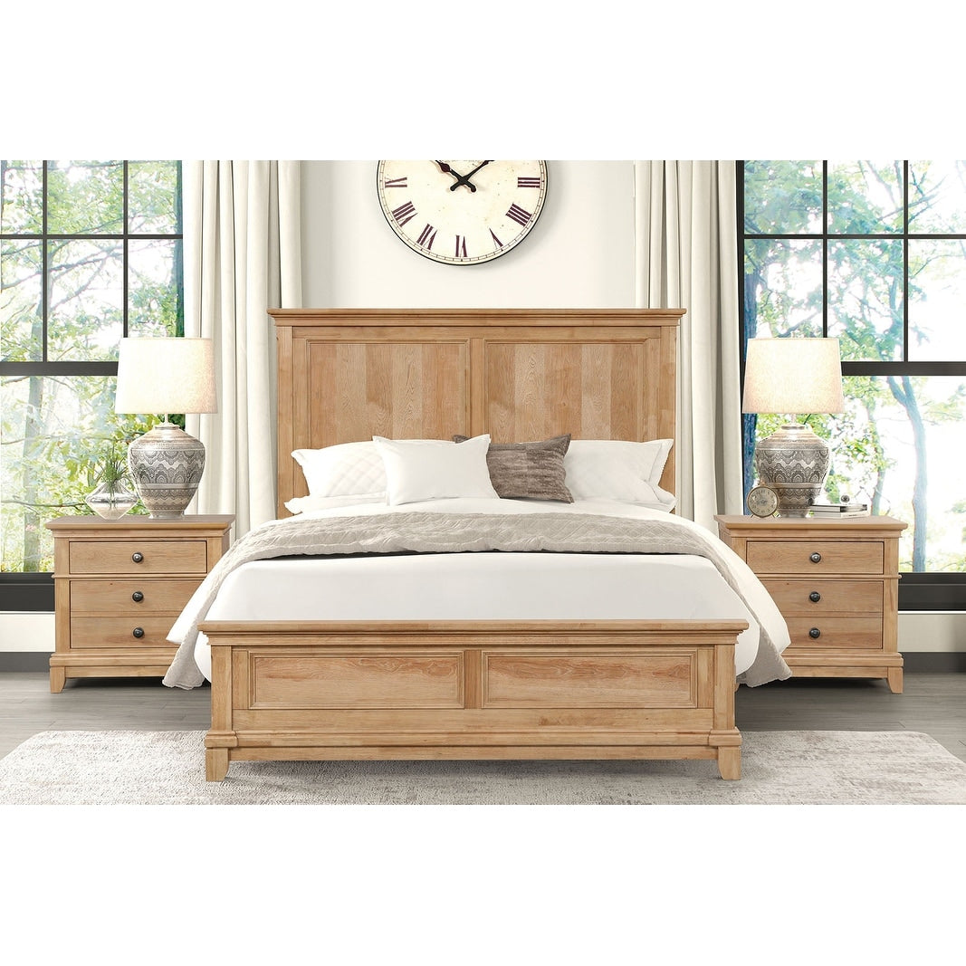 Farmhouse 3Pc Natural Oak Finish Bed Two Nightstands Bedroom Set