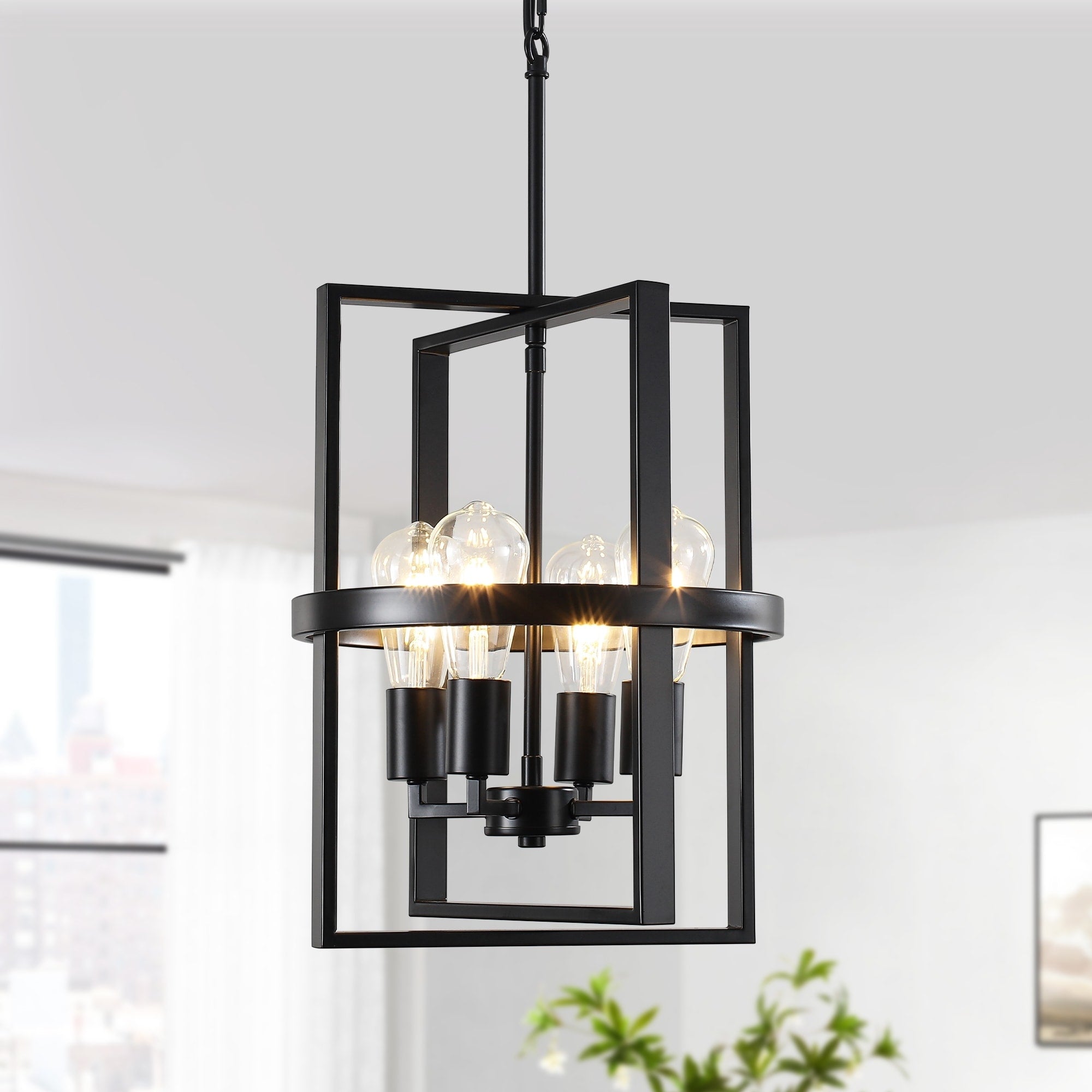 Farmhouse 4 Light Black Square Frame Candle Style Pendant Light For Kitchen Island