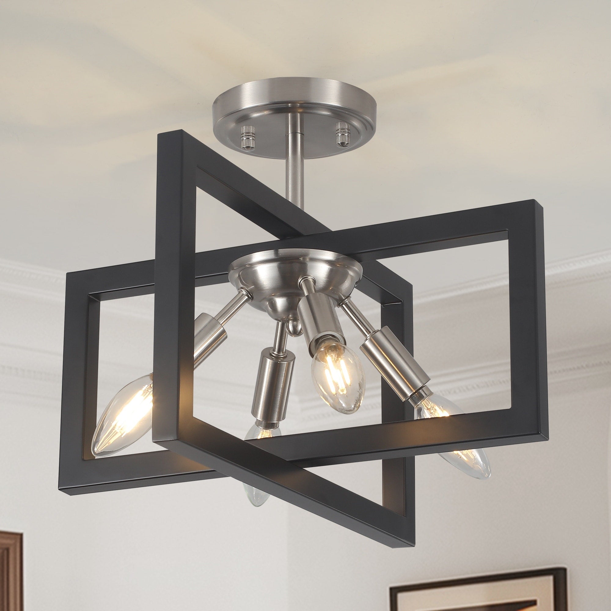 Farmhouse 4 Light Metal Frame Semi Flush Mount Ceiling Light For Bedroom Hallway