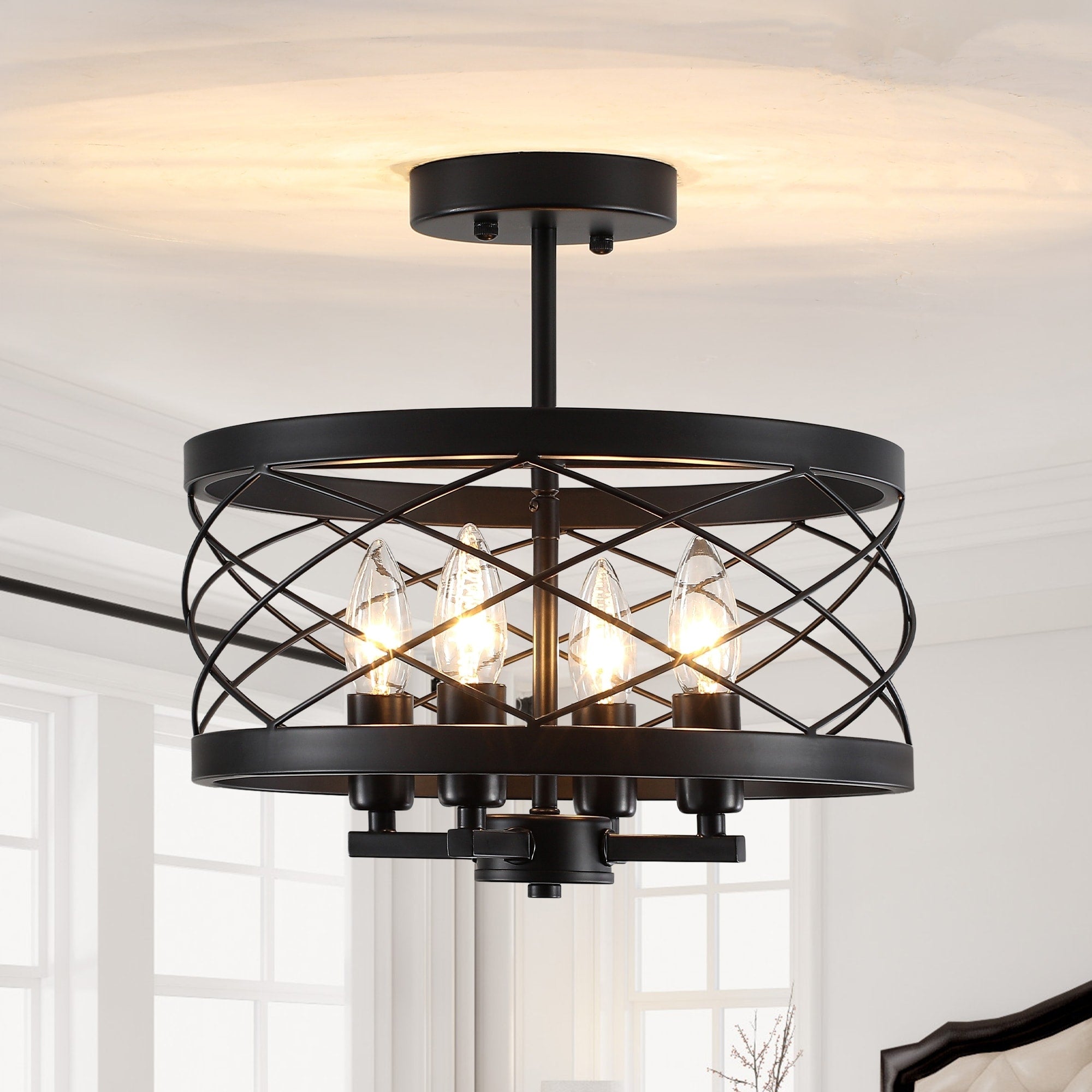 Farmhouse 4 Light Semi Flush Mount Metal Frame Candle Ceiling Light
