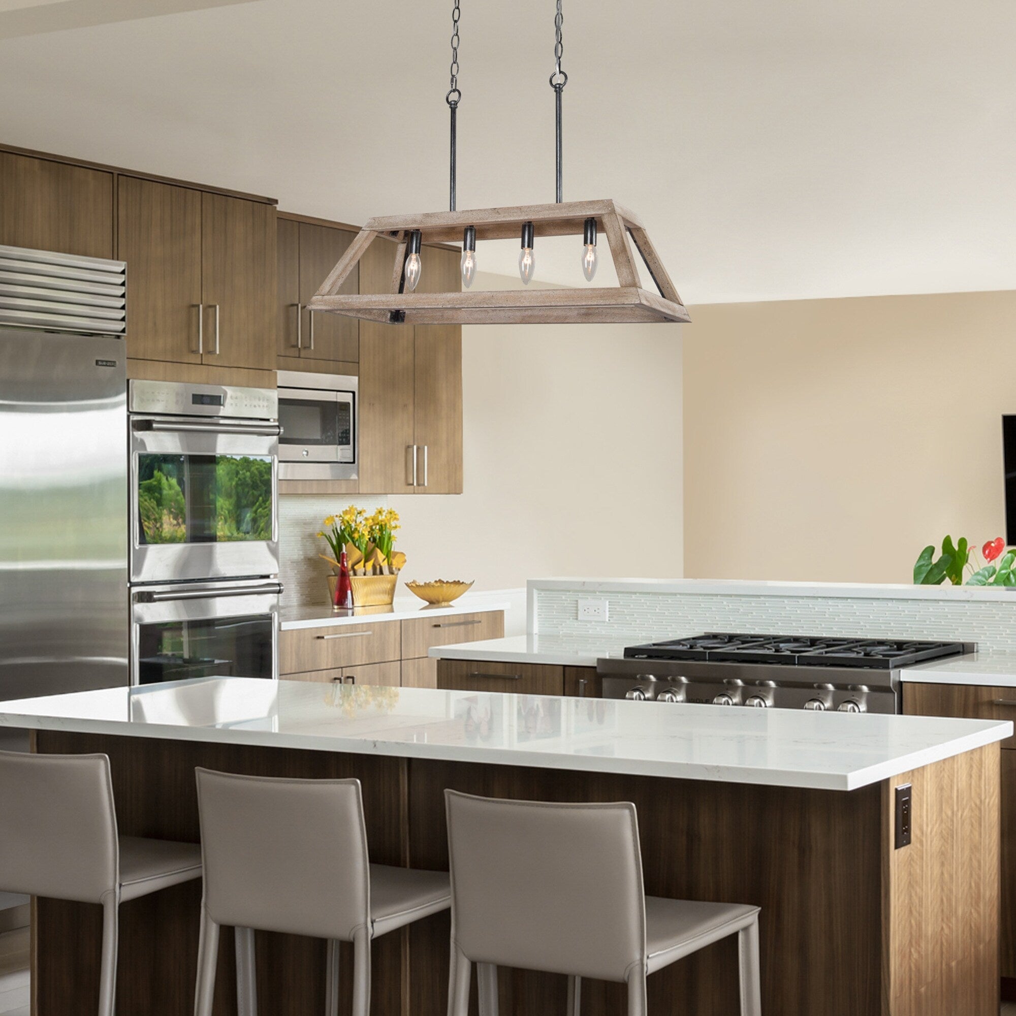 Boho Antique Metal And Wooden Trapezoidal Chandelier Kitchen Ceiling Lighting L28 Xw12.2 Xh7.5