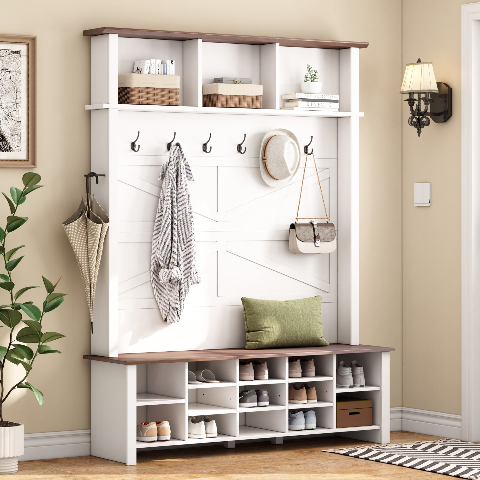 Farmhouse 4 In 1 Hall Tree With 6 Hooks Entryway Bench With Shelves Wooden Style Rustic Shoe Organizer With 16 Open Compartments