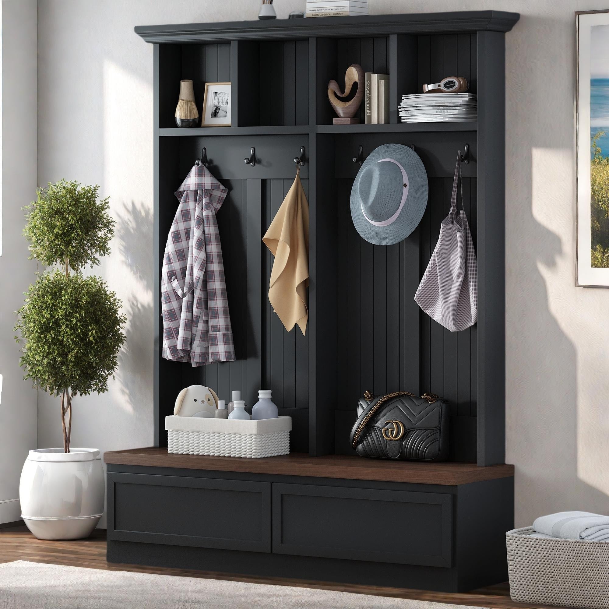 Farmhouse 4 In 1 Hall Tree With Wood Grain Bench Mudroom Versatile Coat Rack With 2 Large Drawer Entrance Organizer