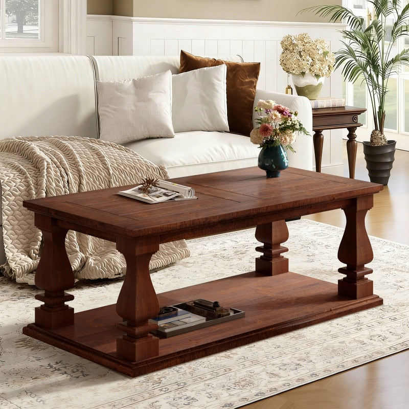 Farmhouse 47.24 Coffee Table With Heavy Planked Top And Storage For Rustic Living Room Style