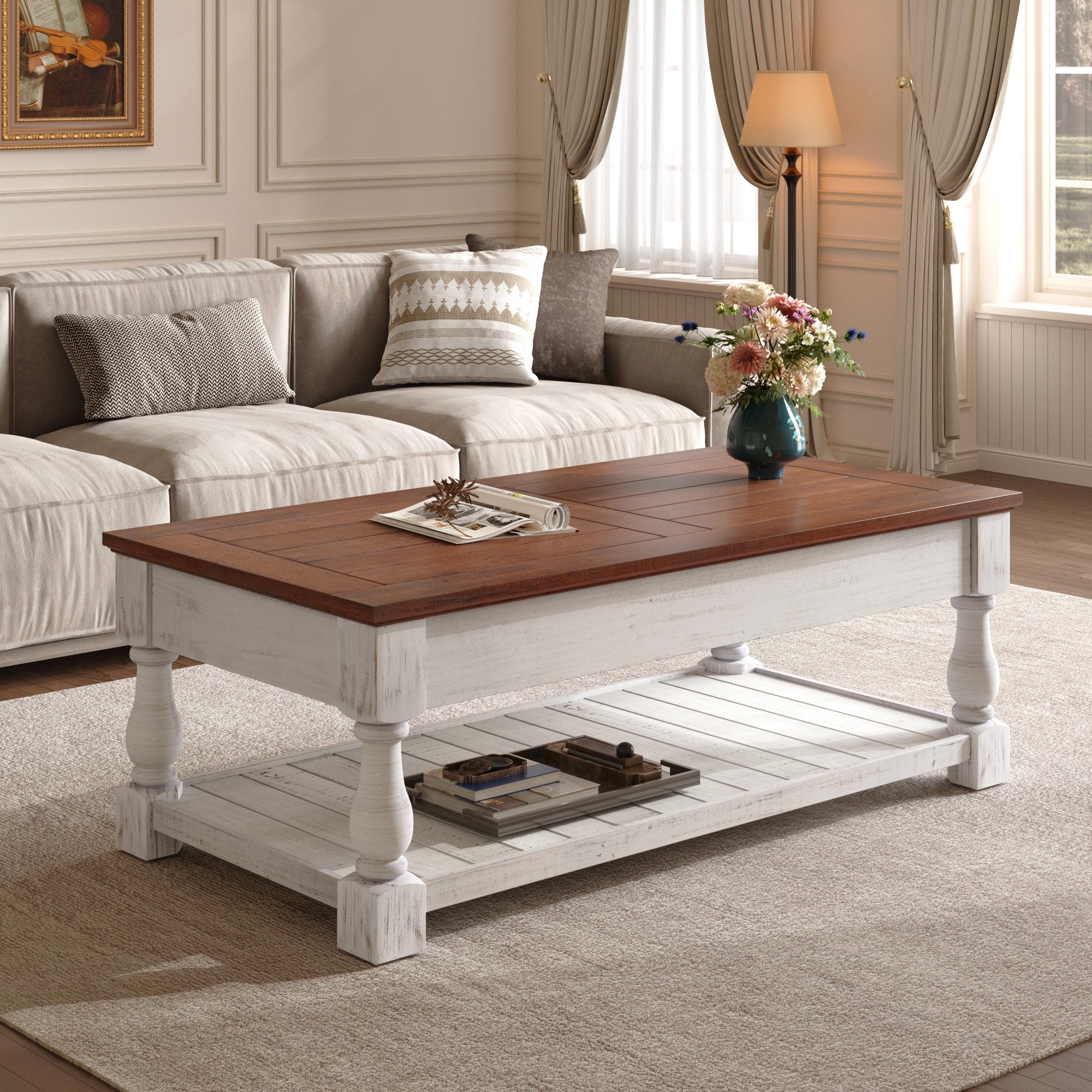 Farmhouse 47.24 Lift Top Coffee Table With Storage Trays Handcrafted Solid Wood For Stylish Living Room Storage