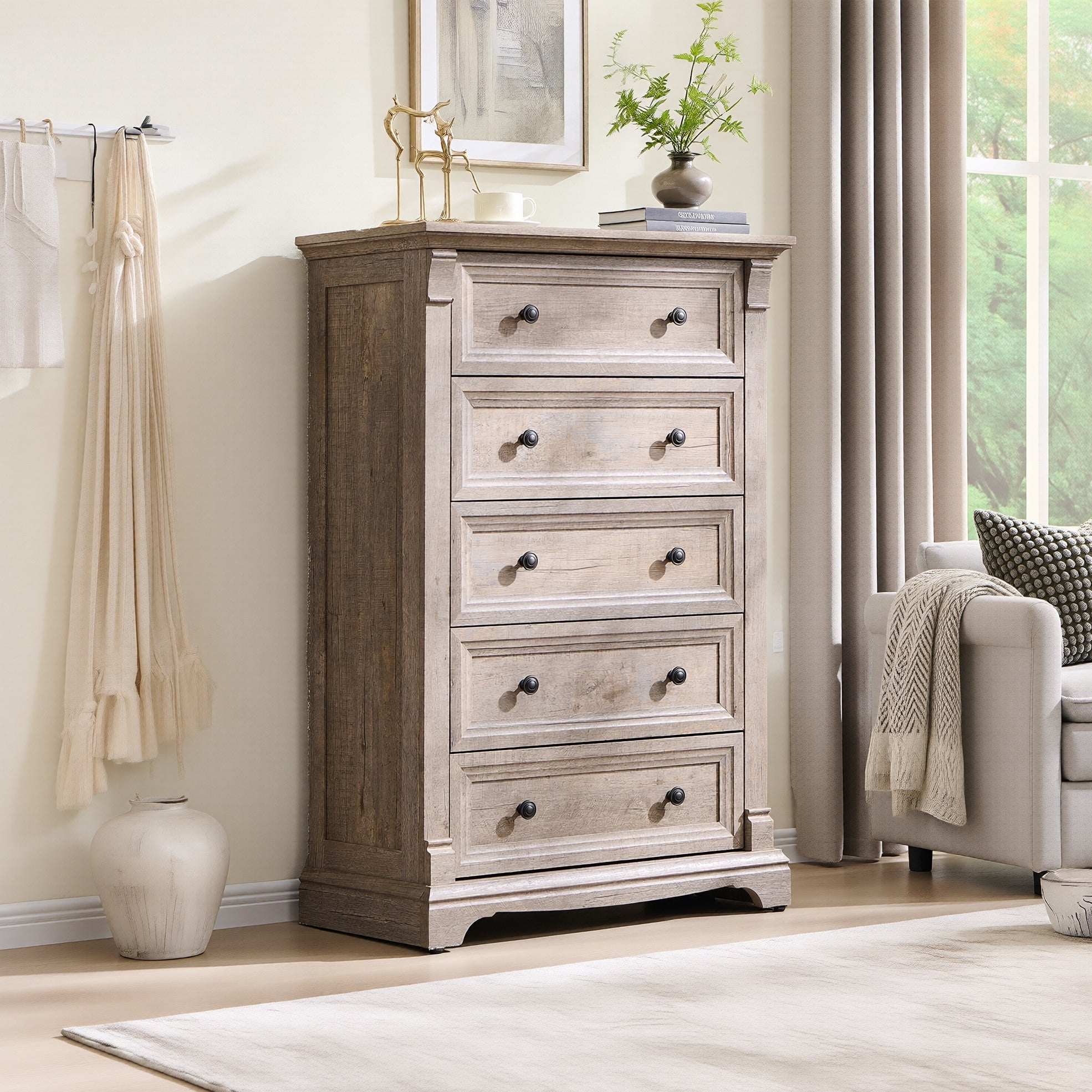 Farmhouse 5 Drawers Dresser Wood Rustic Chest Of Drawers For Bedroom