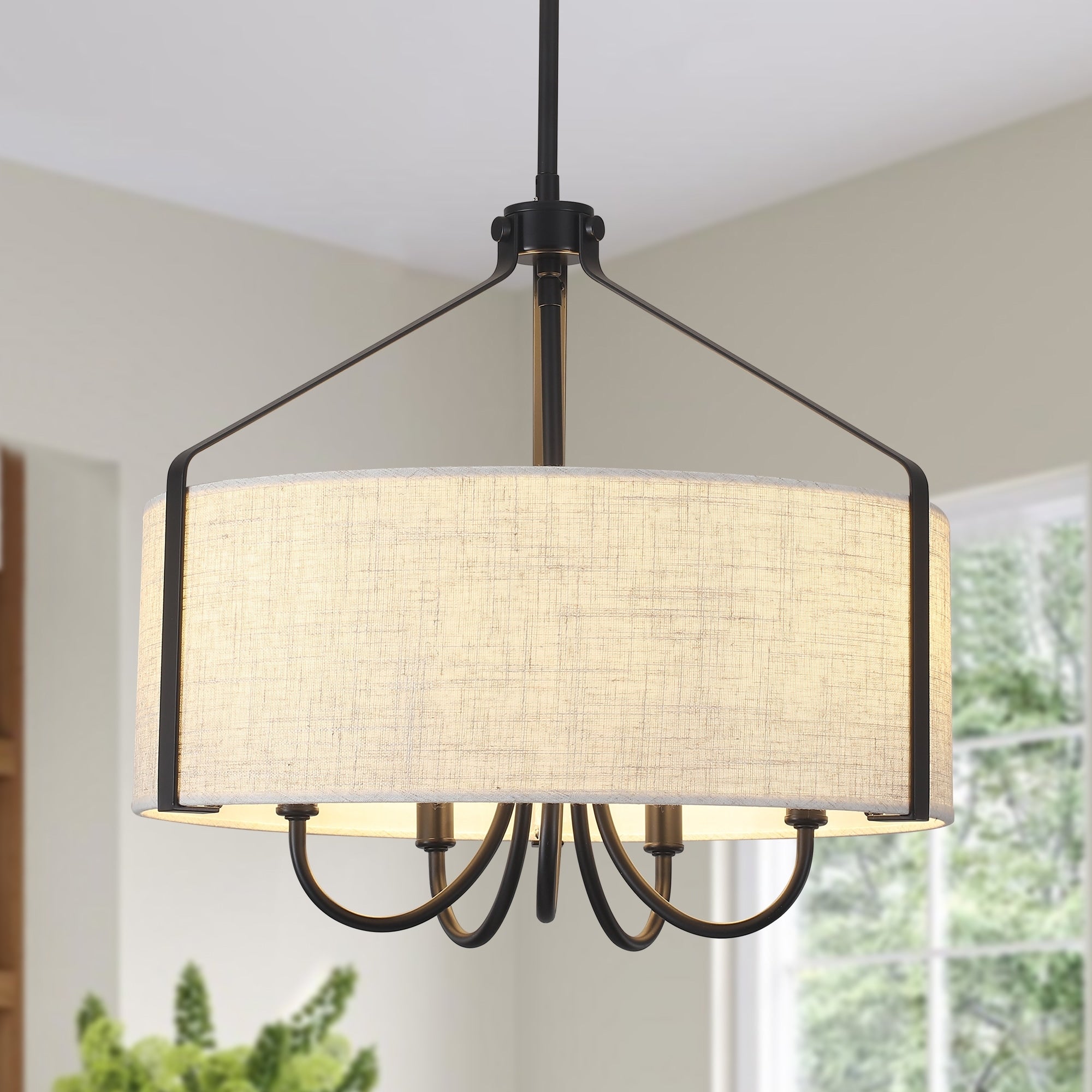 Farmhouse 5 Light Dimmable Drum Pendant Light With White Fabric Shade