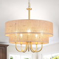 Farmhouse 5 Light Double Tier Hemp Rope Fabric Pendant Light For Kitchen Island
