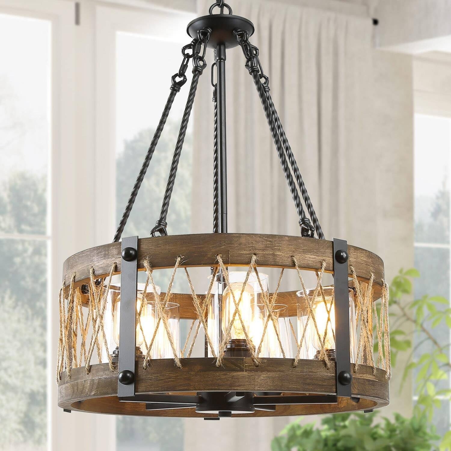 Farmhouse 5 Lights Chandelier With Hemp Rope Kitchen Island Lighting D19 X H 27