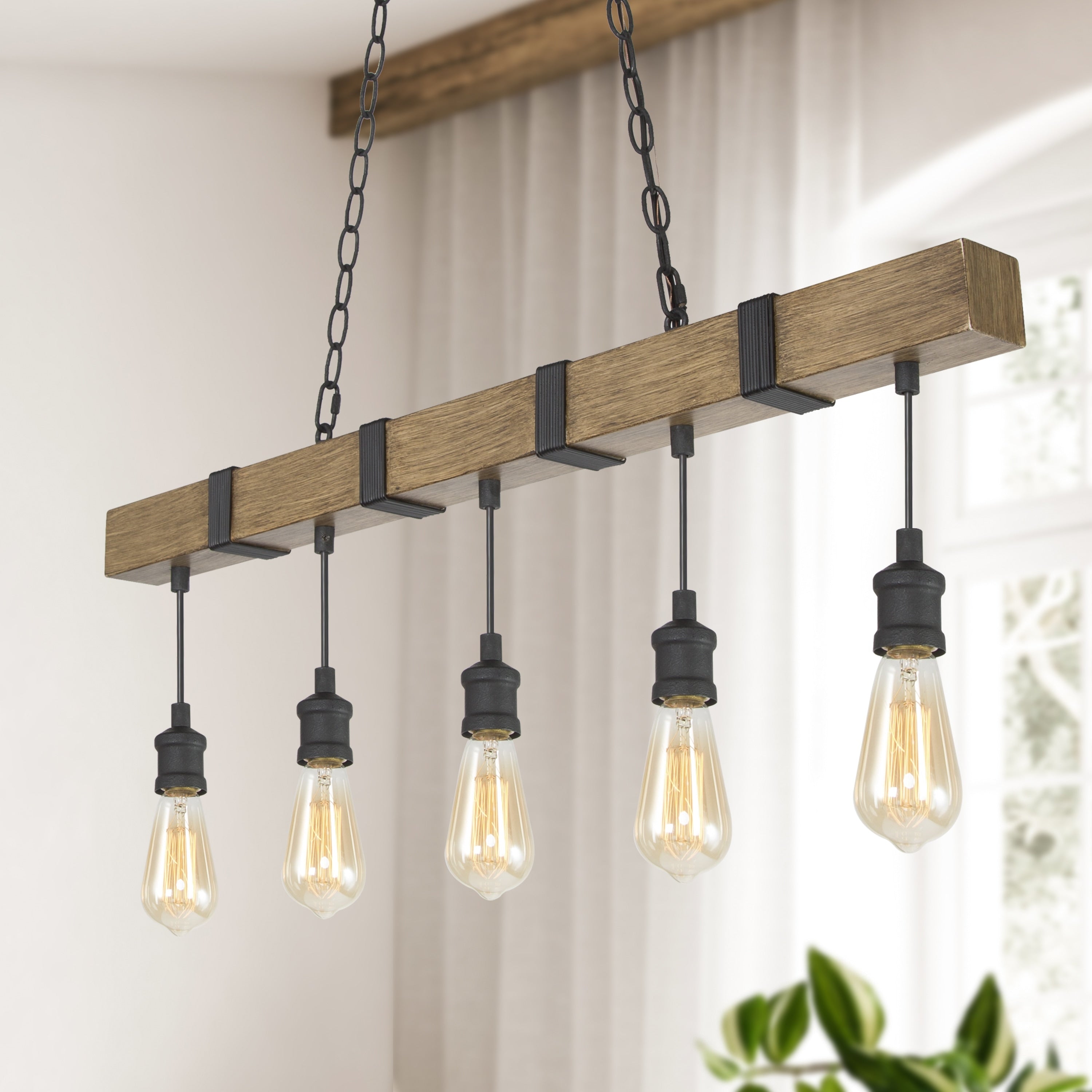 Modern Farmhouse 5 Light Distressed Faux Wood Beam Chandelier For Living Room L35.4 Xw2.4 Xh8.7