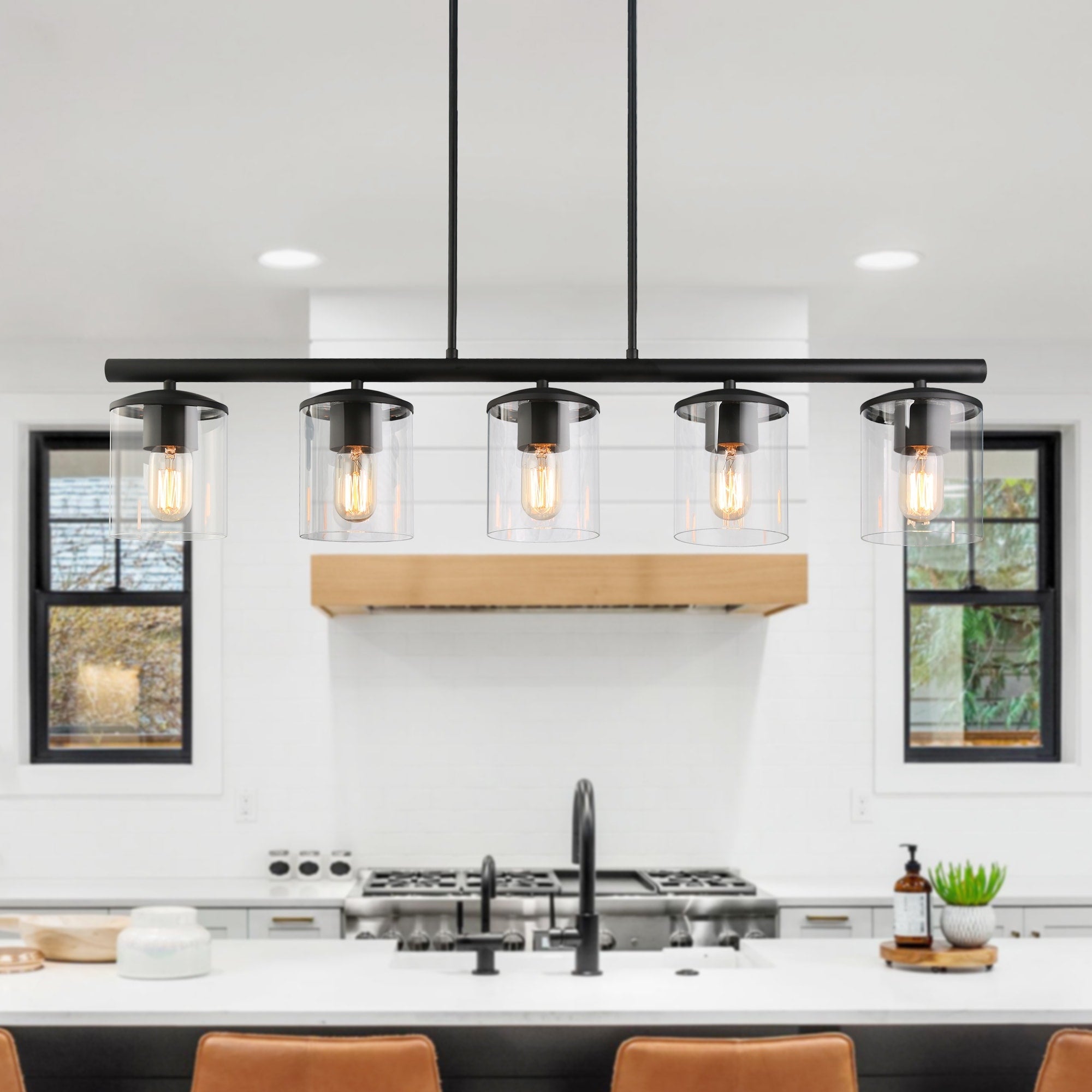 Lnc Black Steel Glass 5 Light Linear Transitional Kitchen Island Lighting Chandelier