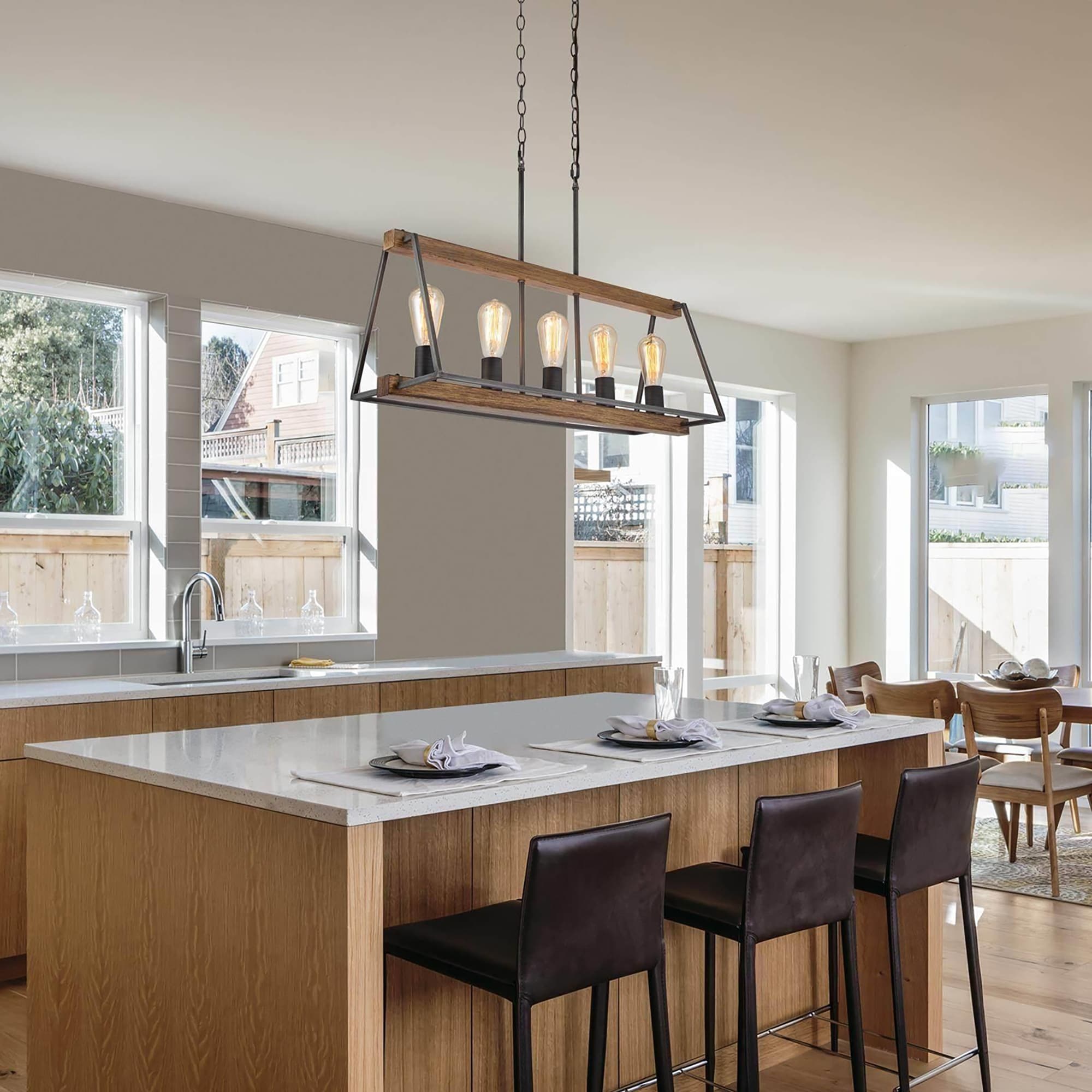 Farmhouse Antique Wood Island Chandelier Linear Hanging Ceiling Lighting For Kitchen L 30.7 W 10.2 H 21.6