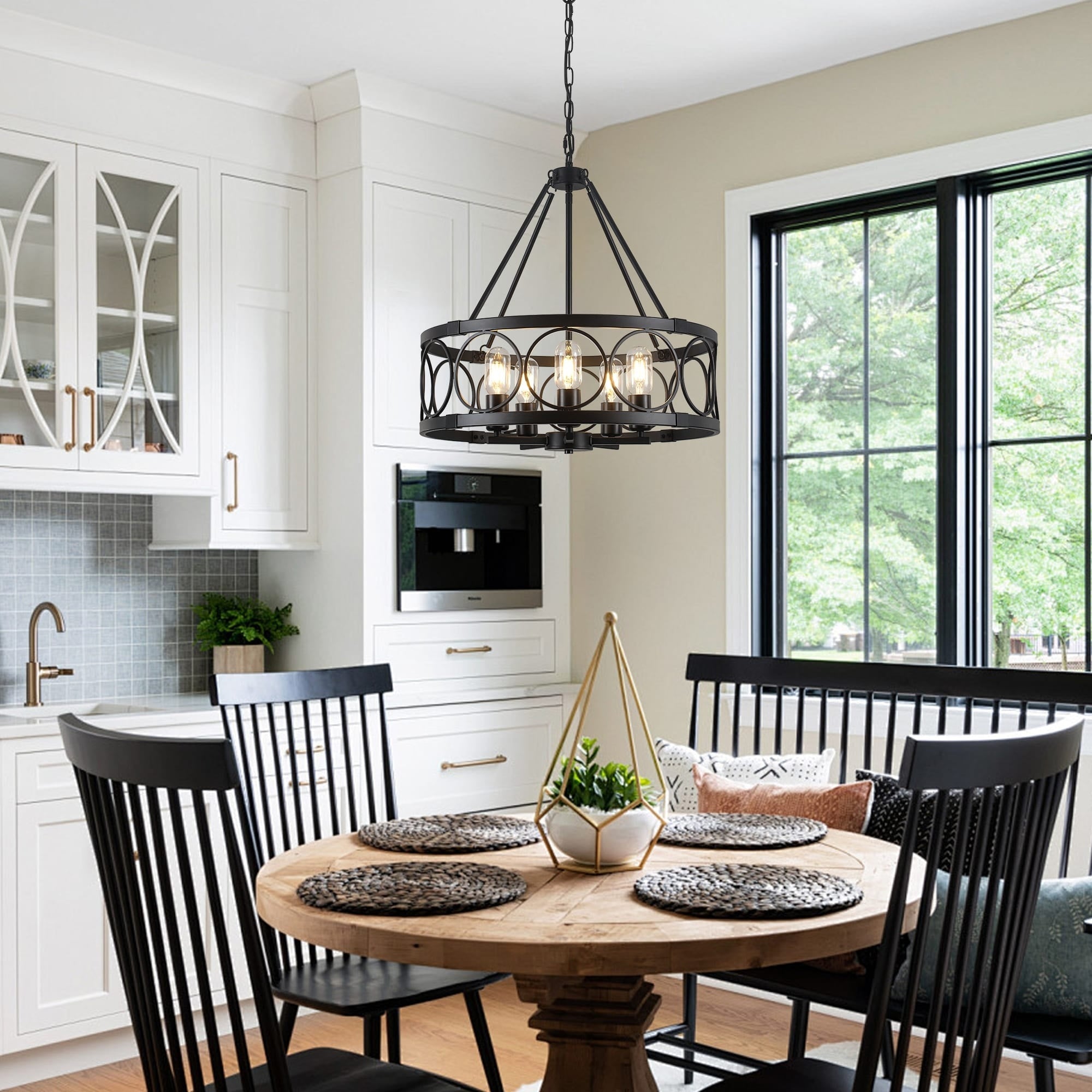 Farmhouse 5 Light Metal Round Drum Pendant Light For Dining Kitchen Foyer