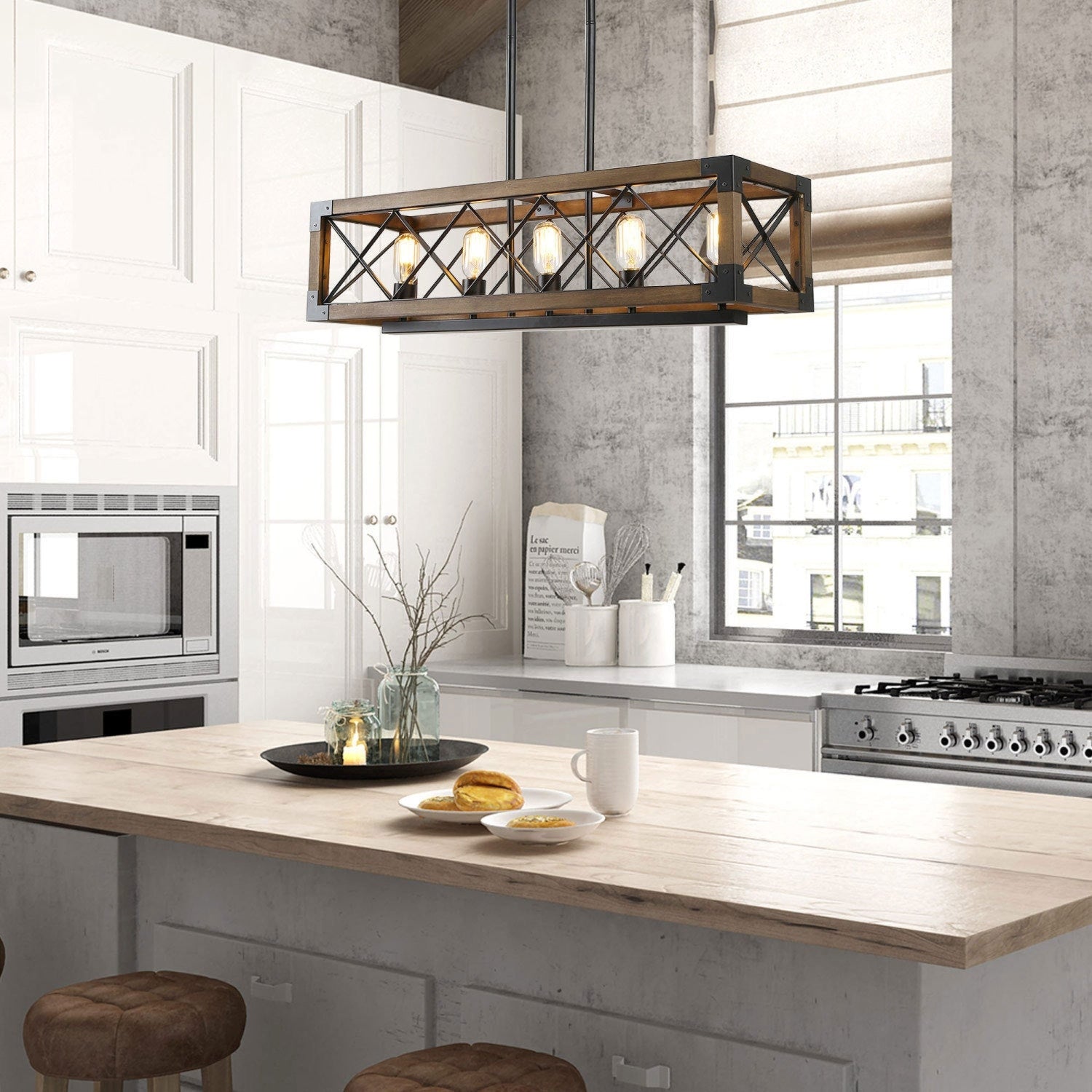 Farmhouse 5 Light Rectangle Wood Chandelier Island Kitchen Light L31.5 Xw10 Xh10