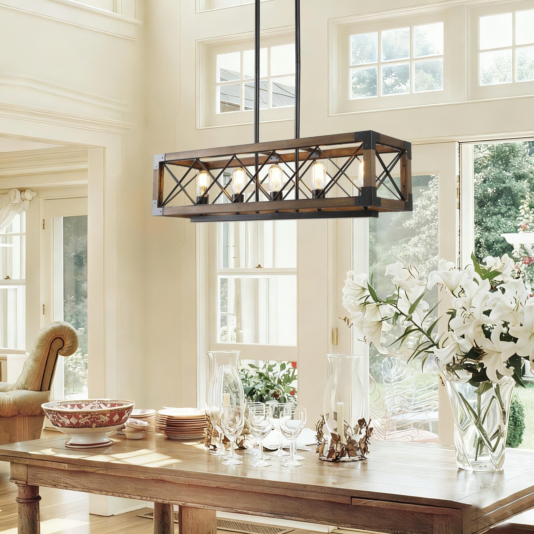 Farmhouse Lighting Wooden Chandelier With 5 Lights For Kitchen Island L31.5 Xw10 Xh10
