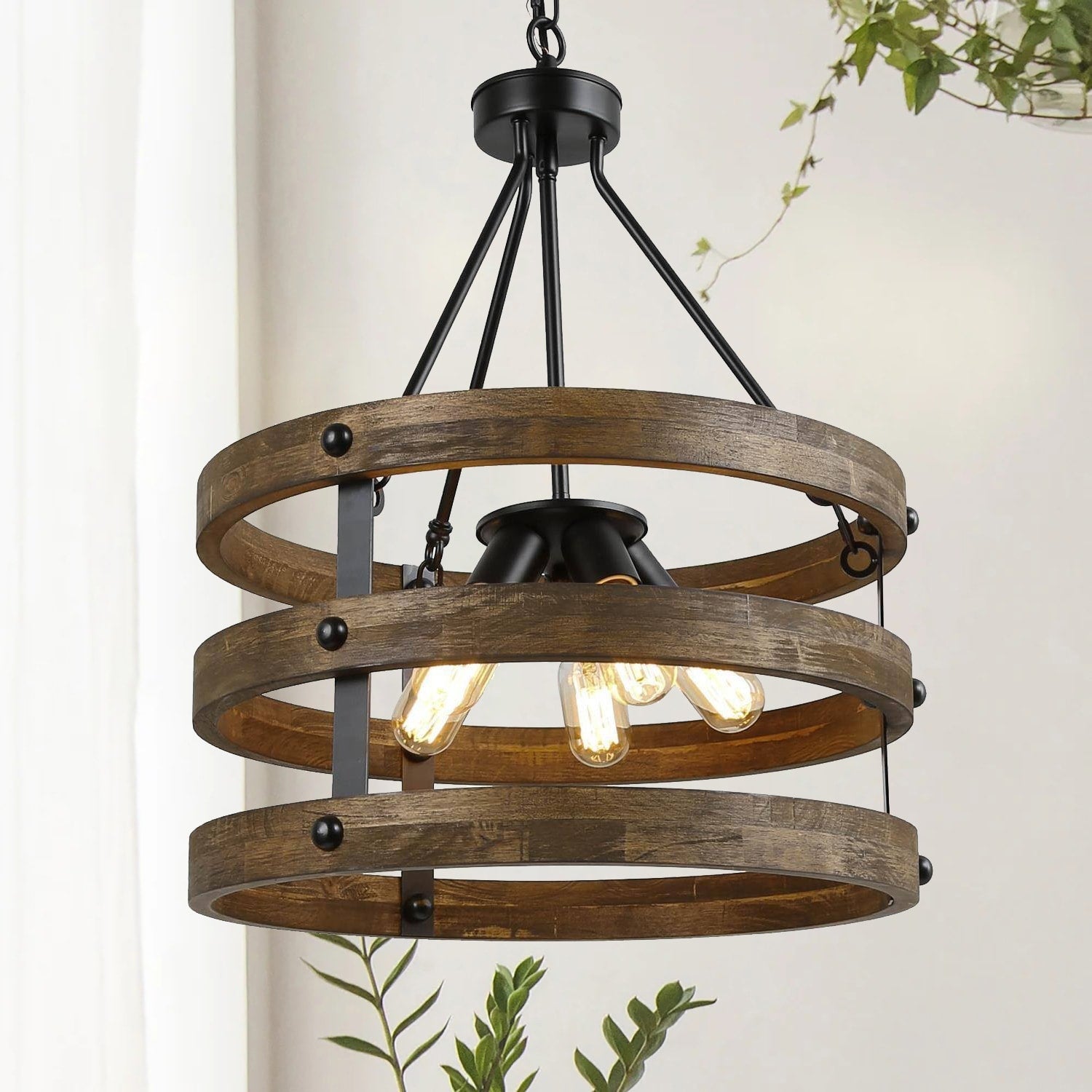 Farmhouse 5 Lights Chandelier With Wooden 3 Layer Ring For Kitchen Isalnd D18 X H 25