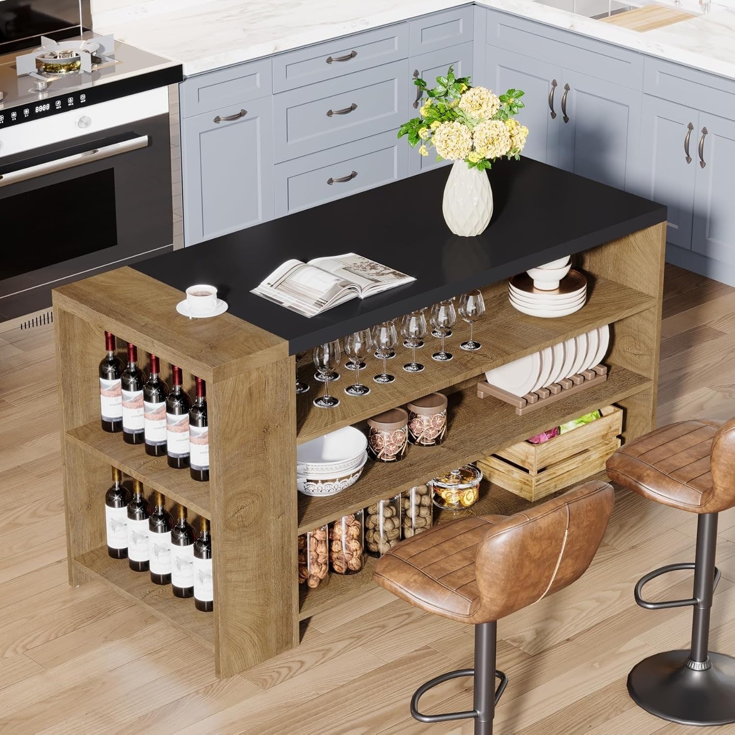 Farmhouse 5 Tier Kitchen Island With 5 Storage Shelves 55 Wood Stationary Island Table Coffee Bar Table