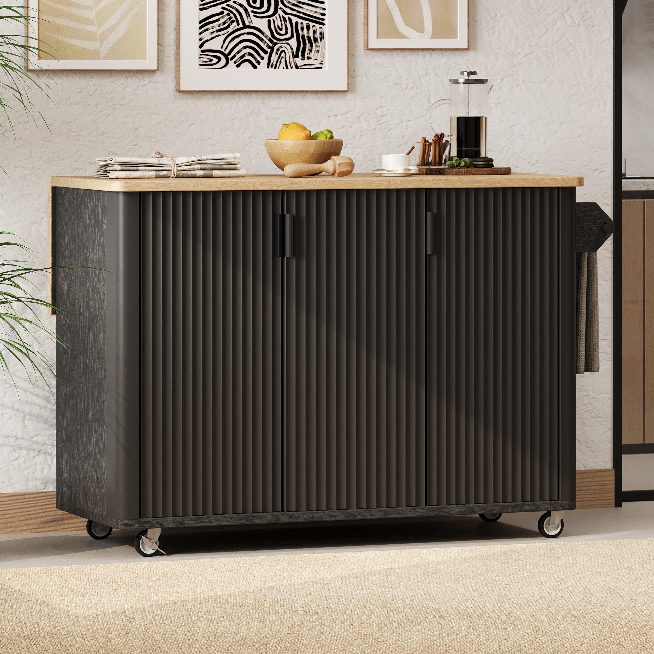 Farmhouse 51 Fluted Kitchen Island With Drop Leaf And Internal Storage Rack
