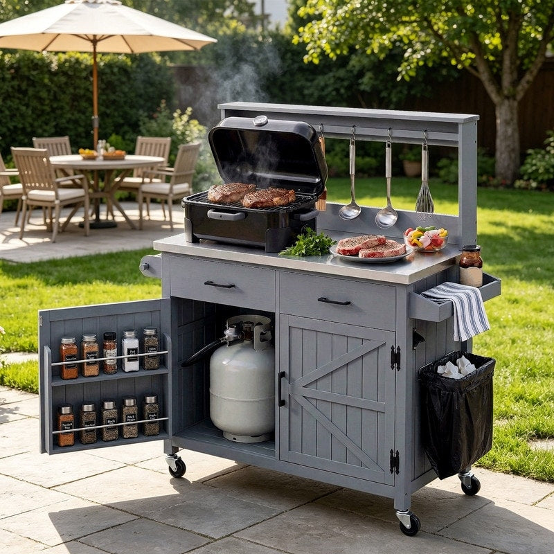 54.1 Outdoor Kitchen Island Outdoor Grill Cart On Wheels Potting Bench Table With Stainless Steel Top And Storage Cabinet