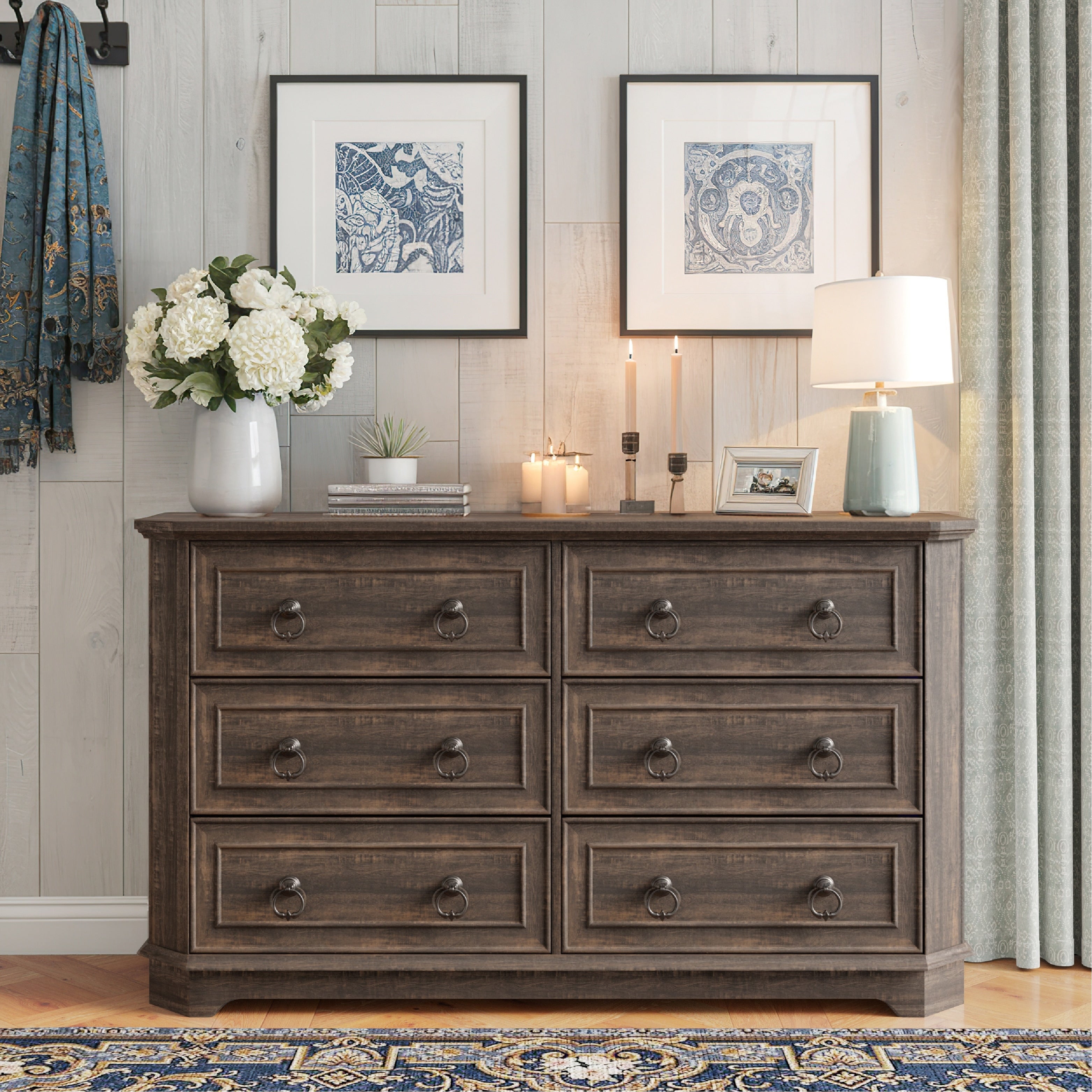 Farmhouse 6 Drawer Dresser With Charging Station