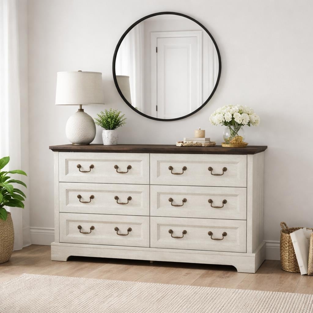 Farmhouse 6 Drawer Dresser Rustic Wooden Chest Of Drawers With Metal Handles Wide Storage Dresser Tv Stand For Bedroom