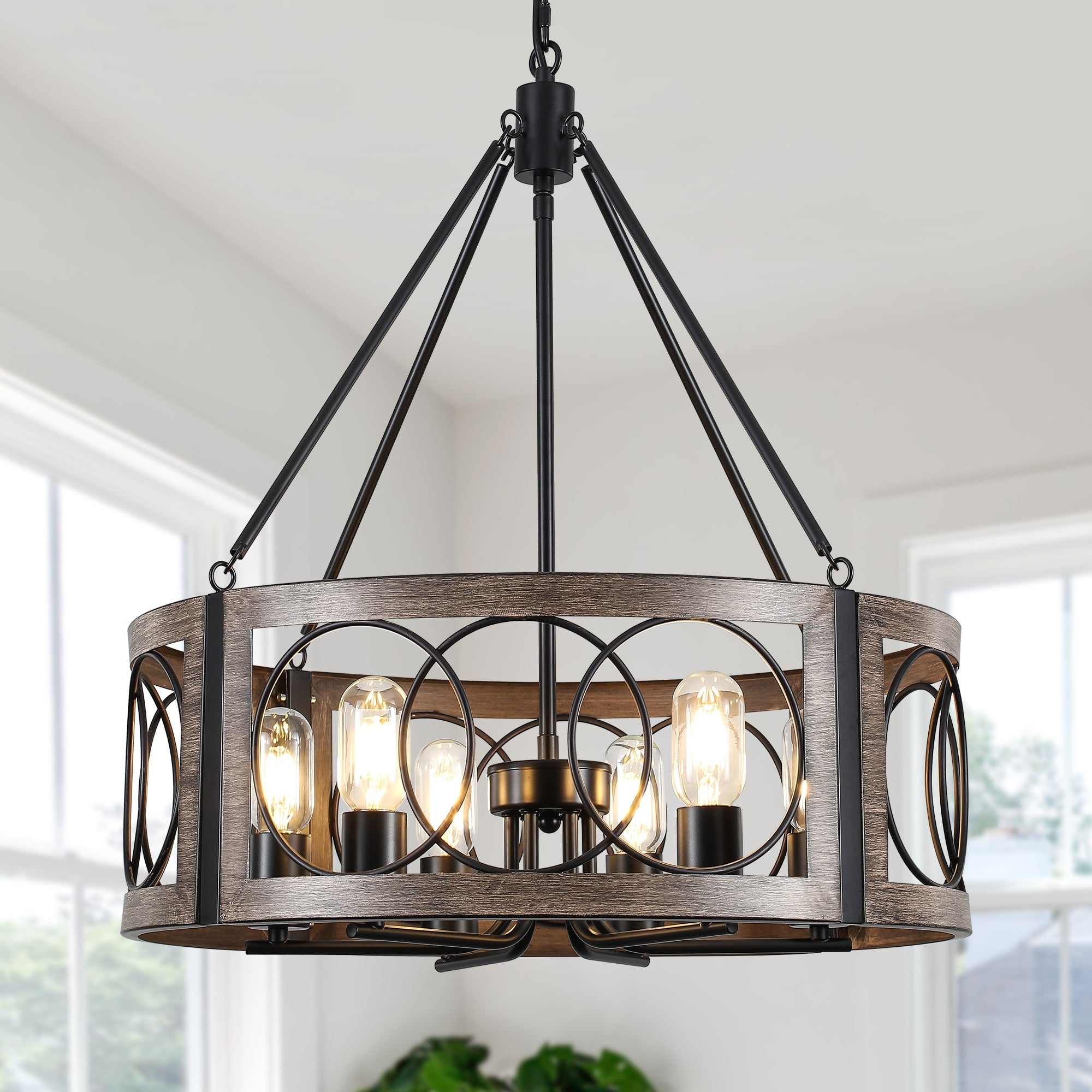 Farmhouse 6 Light Black Metal Drum Pendant Light For Dining Room Kitchen Island