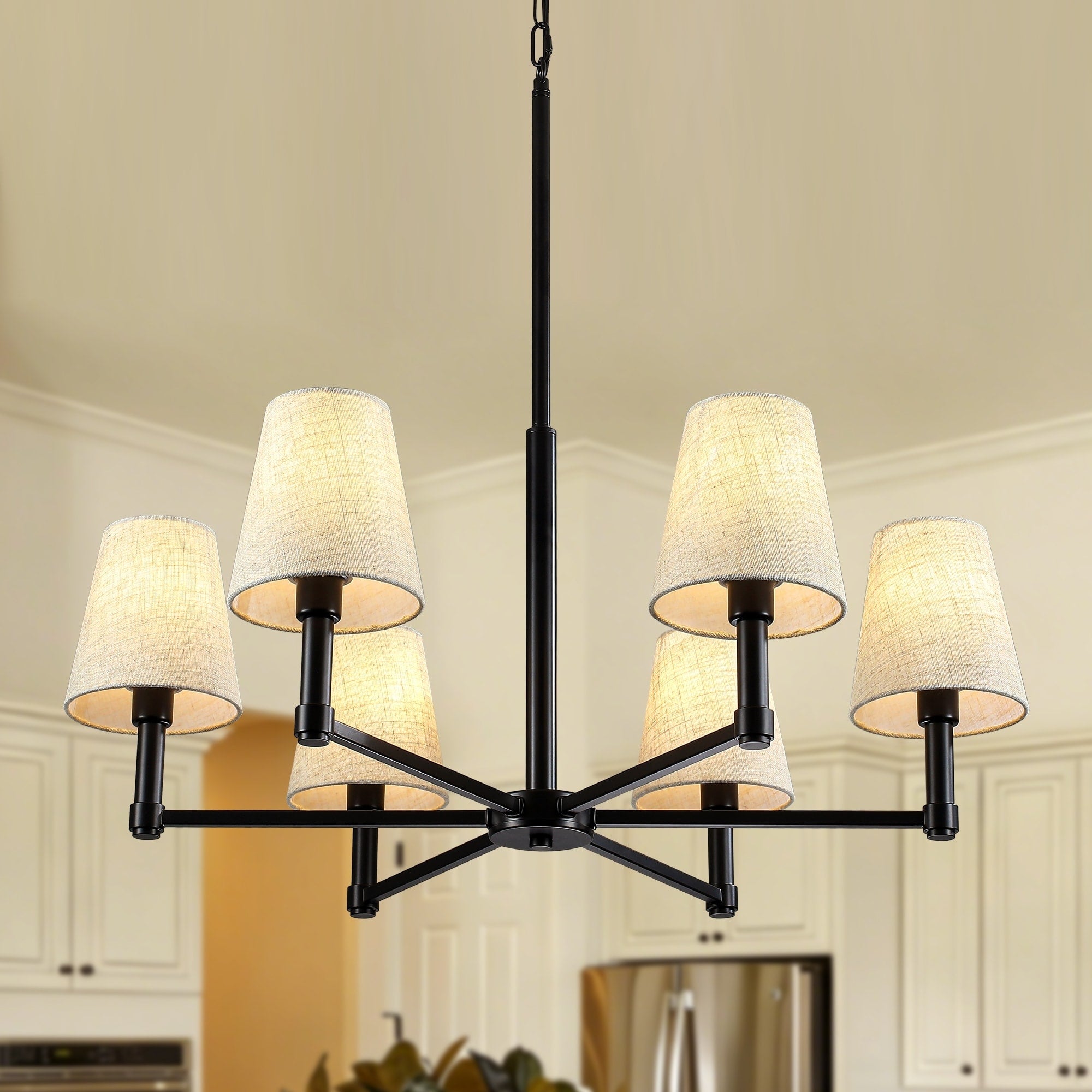 Farmhouse 6 Light Chandelier With White Fabric Shades For Dining Room Living Room Bedroom
