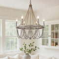 Farmhouse 6 Lights Candle Style Chandelier With Bead And Hemp Rope L25.6 Xw25.6 Xh25.6