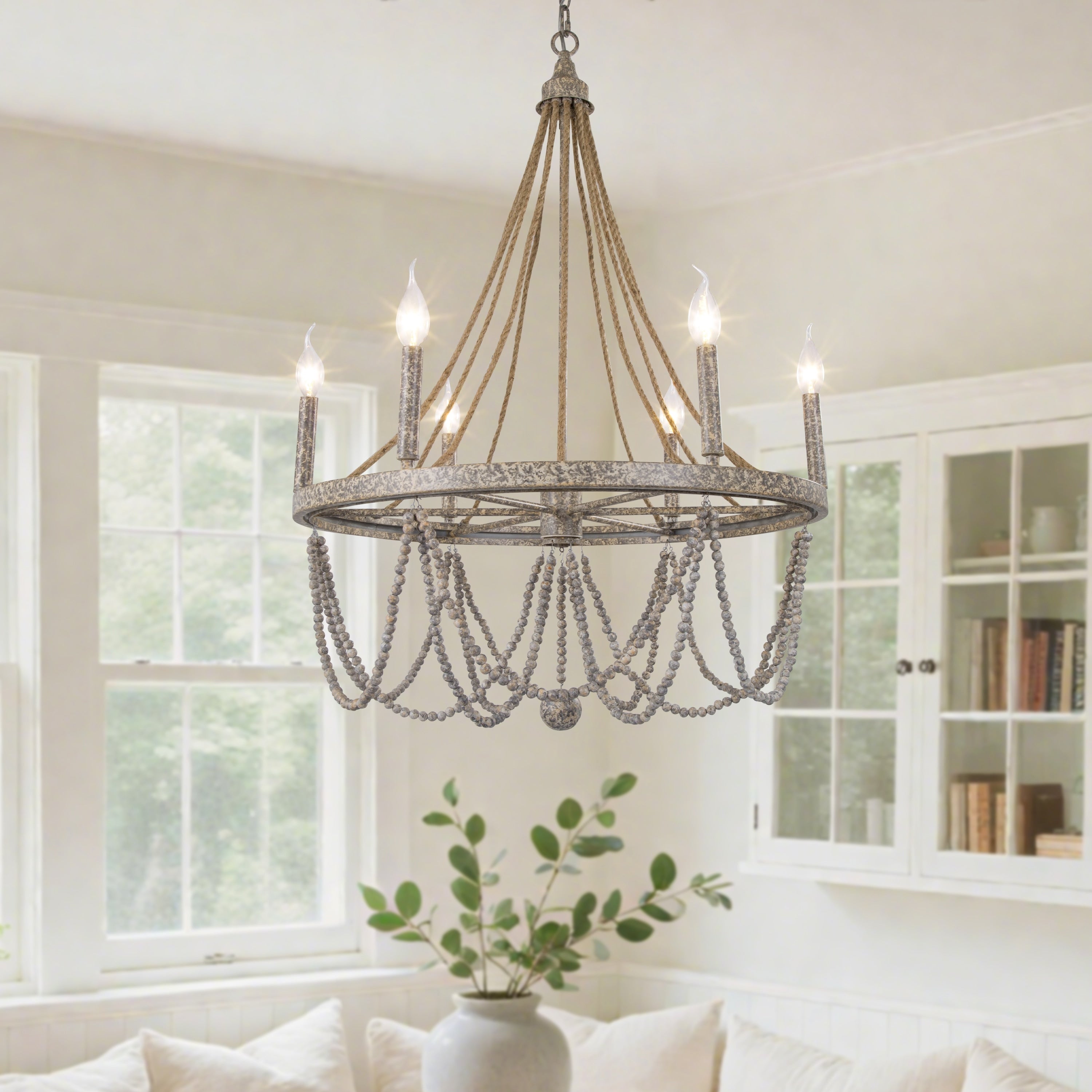 Farmhouse 6 Lights Candle Style Chandelier With Bead And Hemp Rope L25.6 Xw25.6 Xh25.6