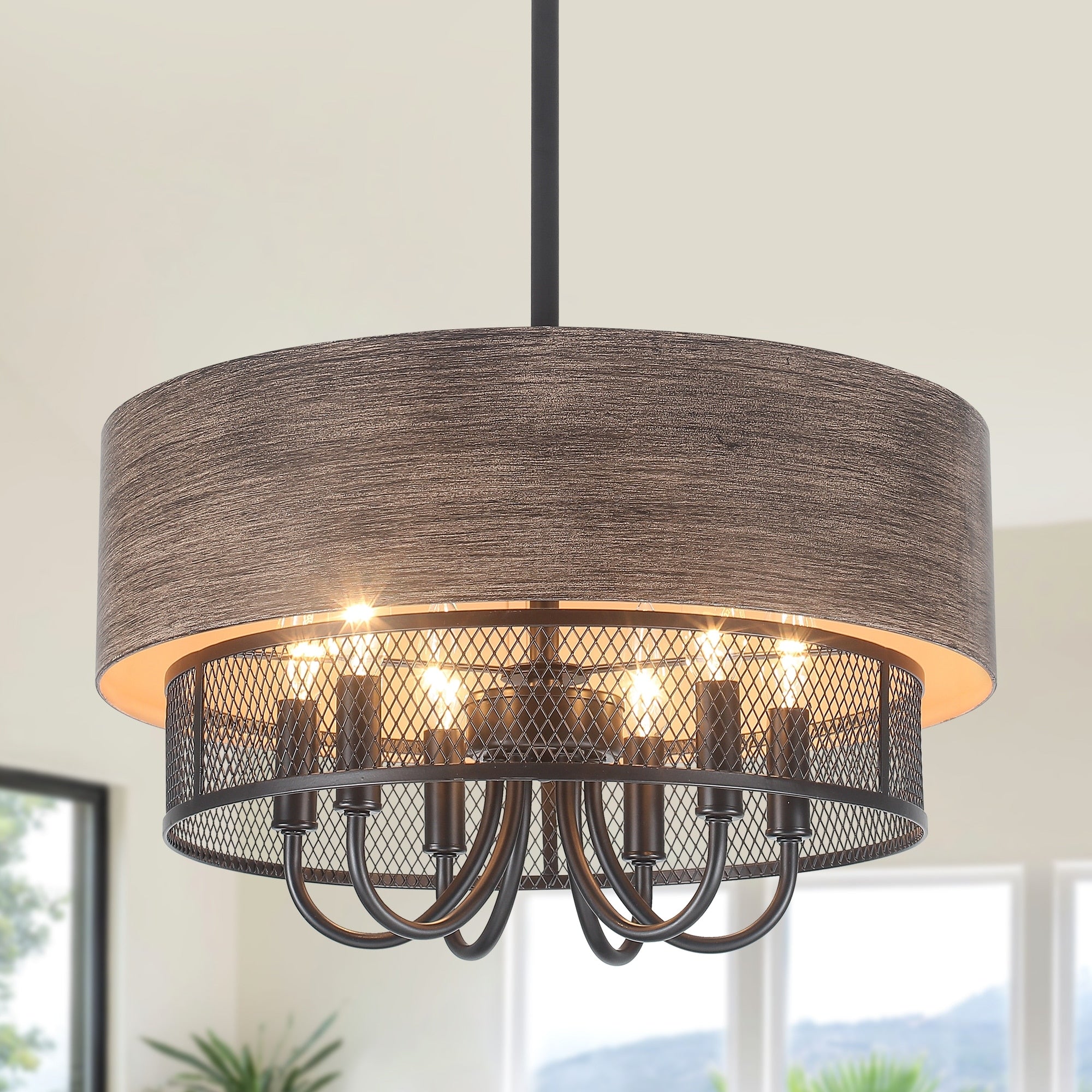 Farmhouse 6 Light Metal Drum Pendant Light With Black Mesh Shade For Dining Room