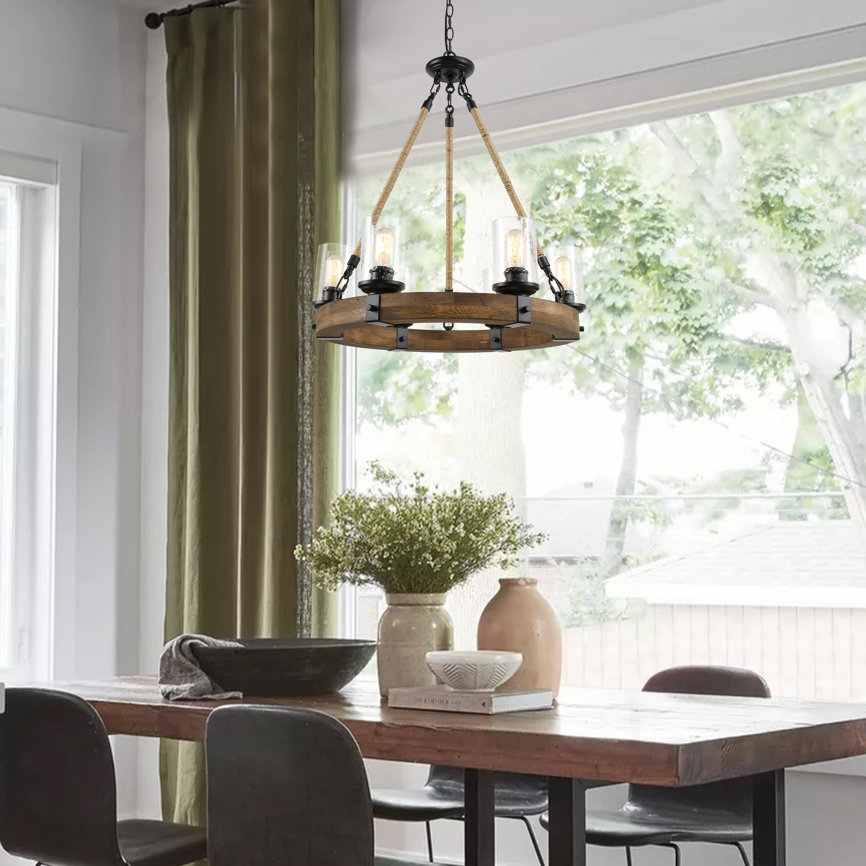 Farmhouse 6 Lights Wooden Chandelier Lighting For Kitchen Island D25 X H 28
