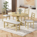Farmhouse 6 Piece 60 Extendable Pedestal Dining Table Set With 18Inch Removable Leaf 44 Bench And 4 Ladder Back Dining Chairs