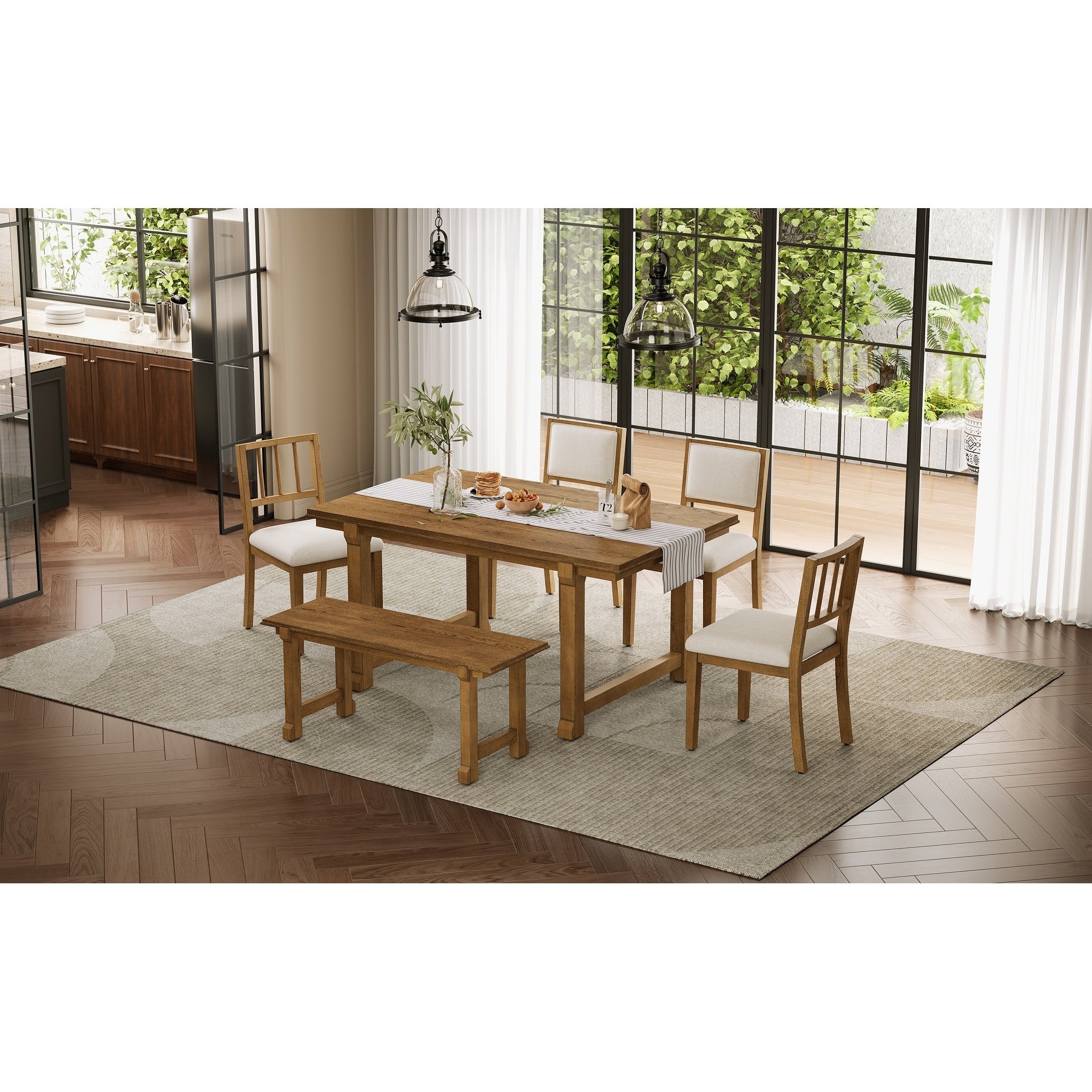Farmhouse 6 Piece Dining Set With Solid Wood Legs And Ergonomic Upholstered Chairs And Bench