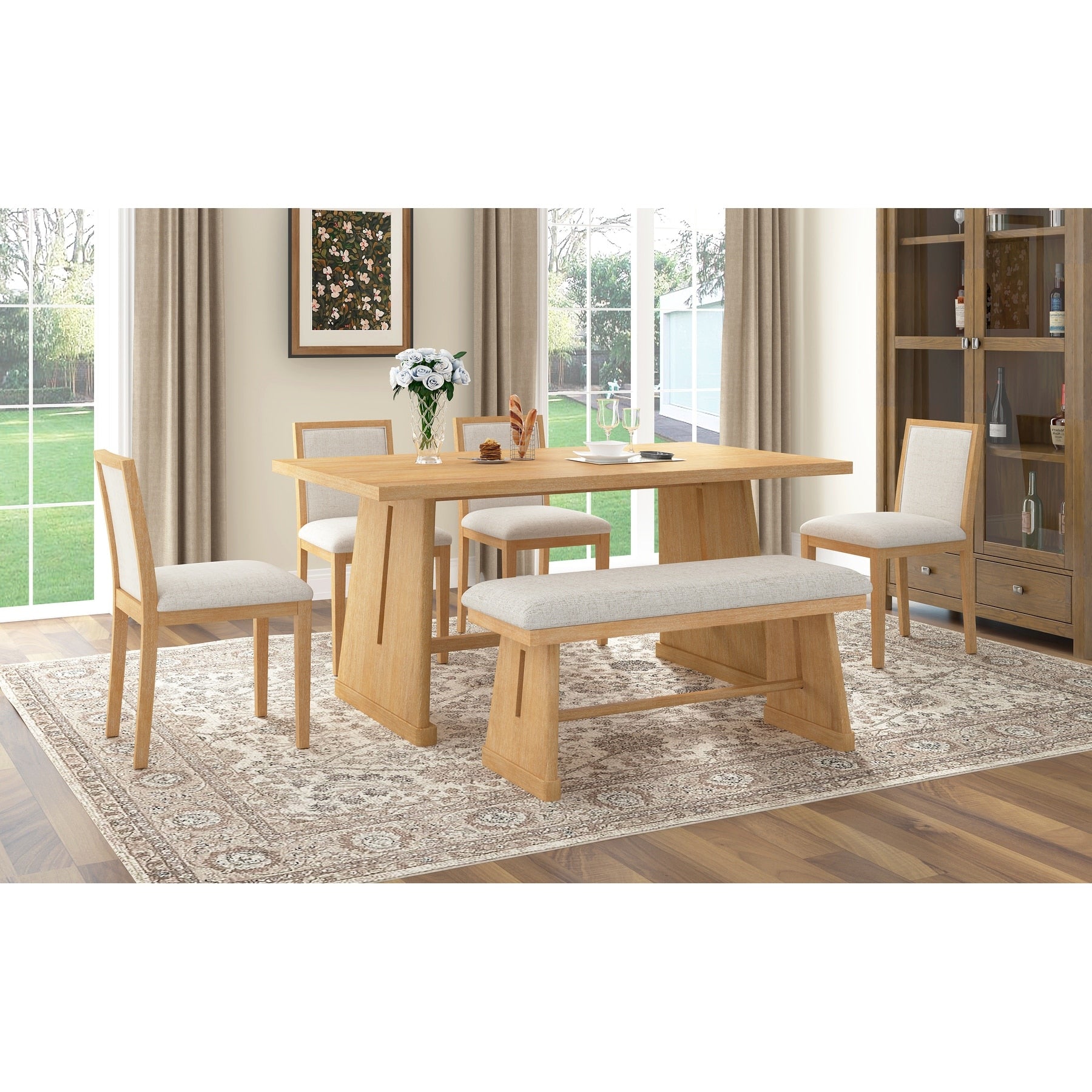 Farmhouse 6 Piece Rectangular Dining Table Set With 4 Upholstered Chairs And 1 Bench For Kitchen Dining Room