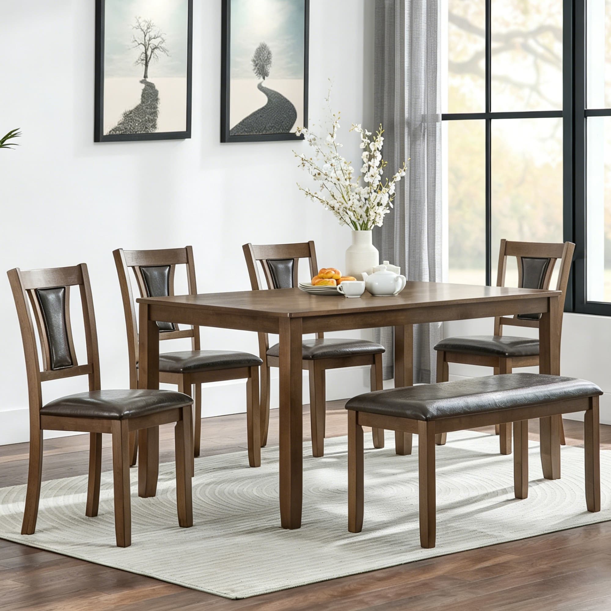 Farmhouse 6 Piece Wooden Dining Table Set With Upholstered Bench And Chairs For Style Dining Experience