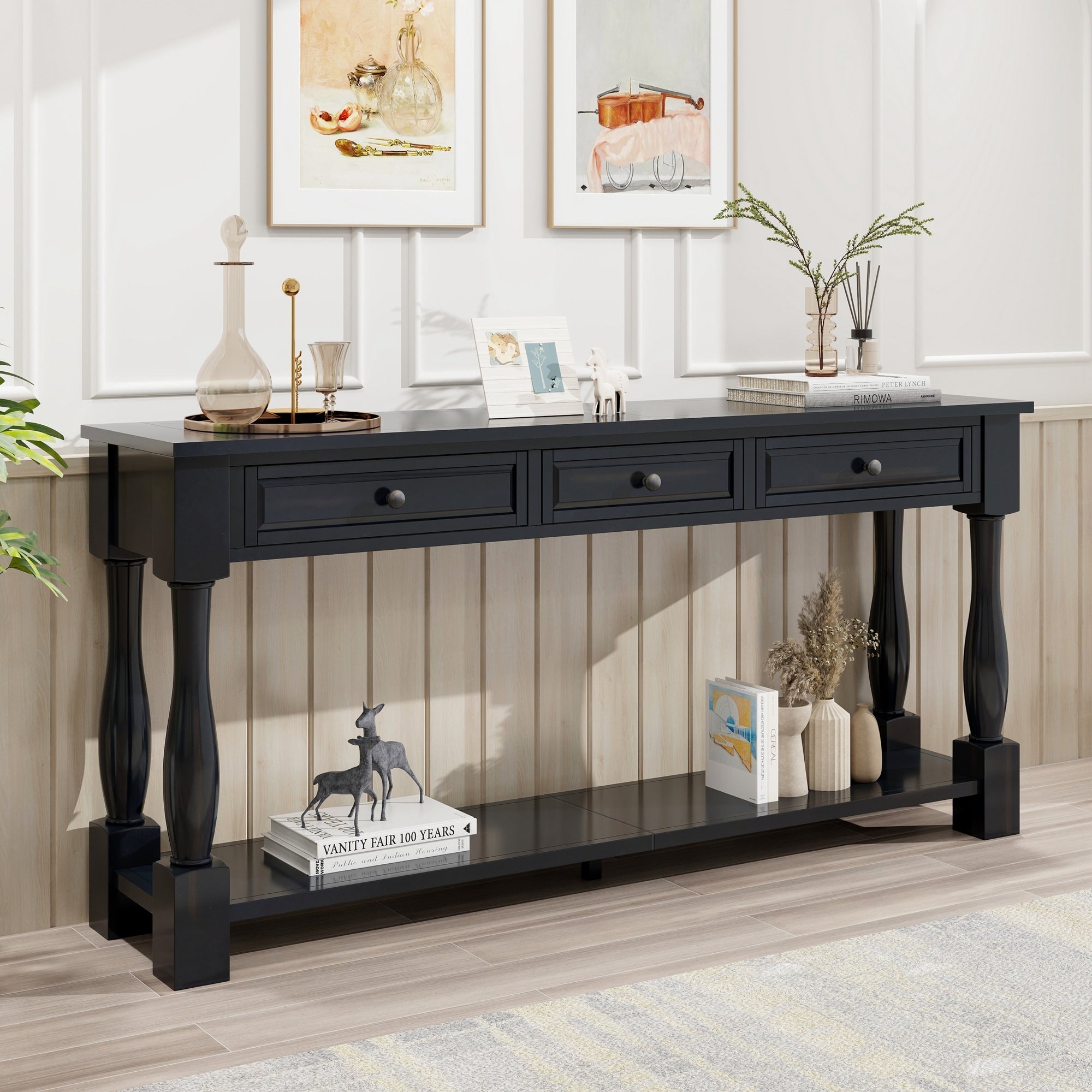 Farmhouse 63 Long Console Table With Drawers And Shelf For Entryway