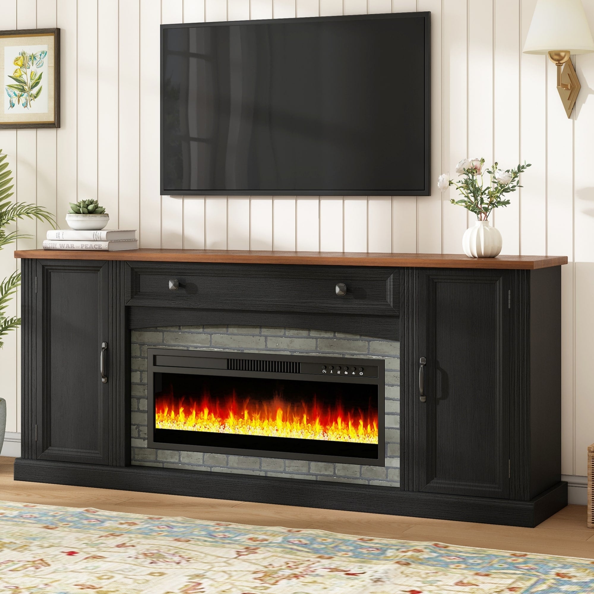 Farmhouse 67 Tv Stand With Electric Fireplace For Tvs Up To 70 Contemporary Sideboard With Adjustable Shelves