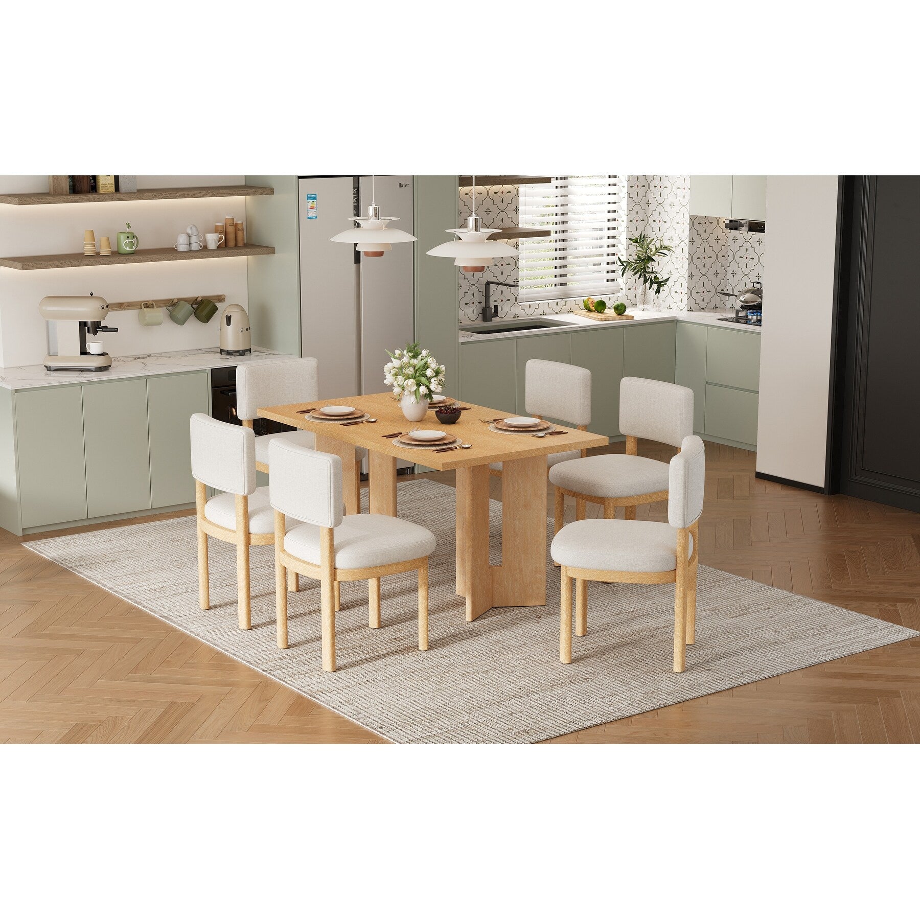 Farmhouse 7 Piece Wood Dining Table Set For 6 Upholstered Chairs Crafted For Comfort And Durability