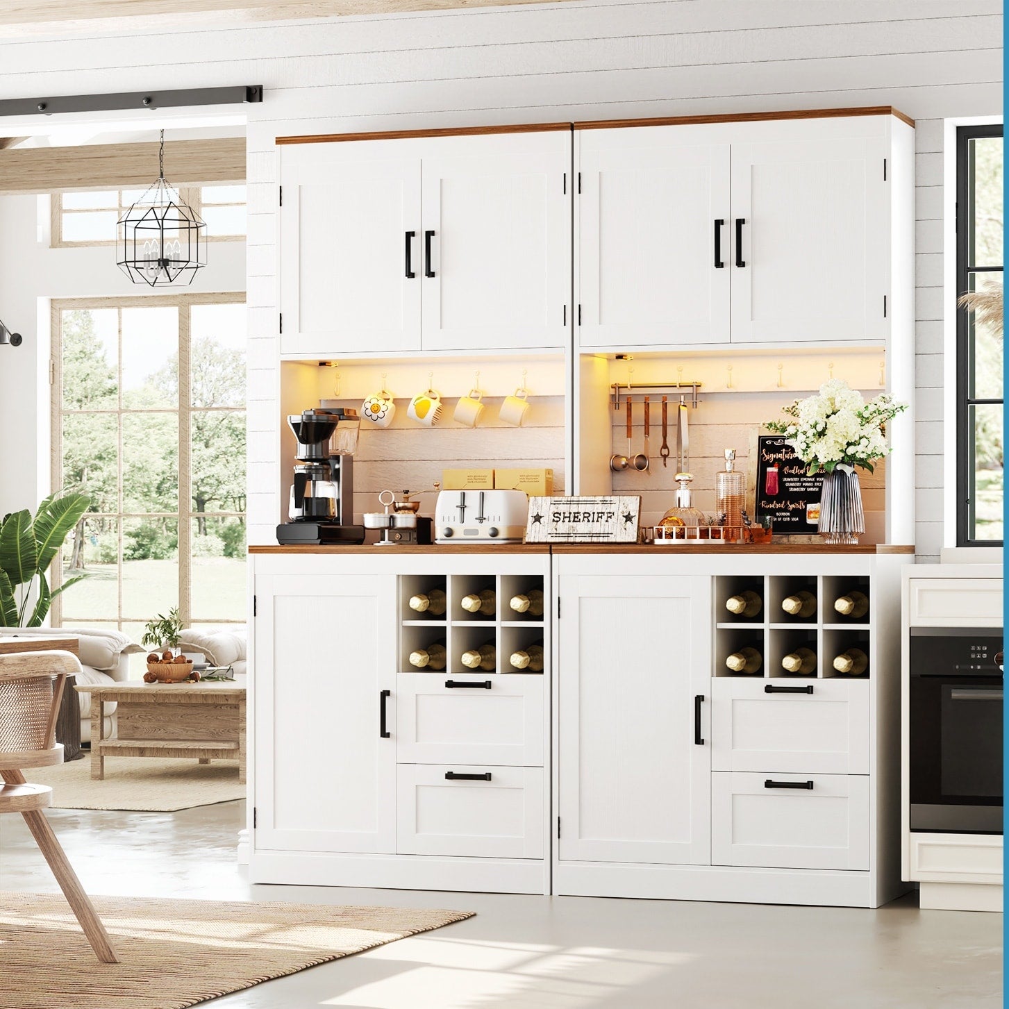 Farmhouse 72 Tall Kitchen Pantry Cabinet With Charging Station Coffee Bar Cabinet With Hutch And Led Light